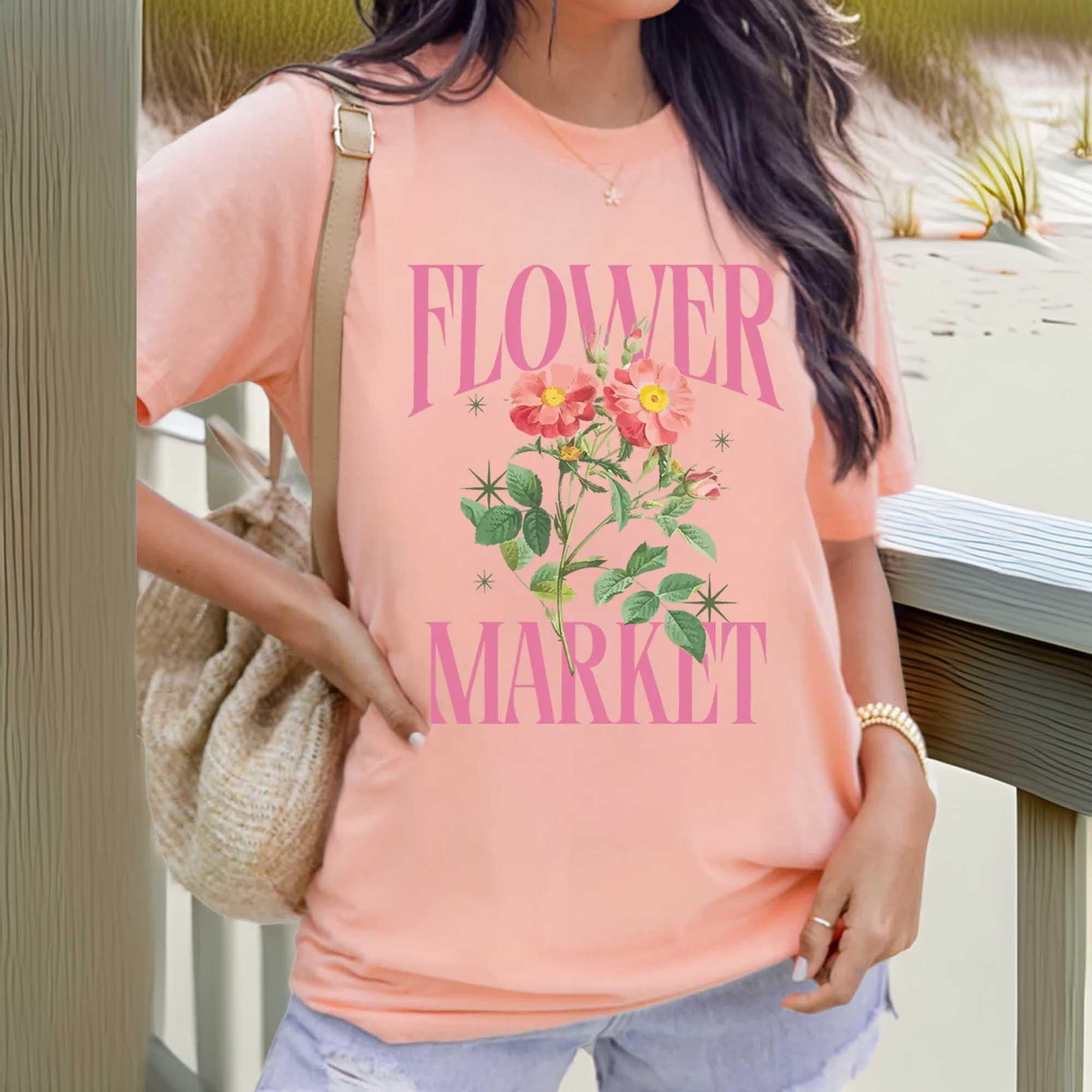 Flower Market Graphic Crewneck T Shirt With Stretch Fabric - Southern Shores Clothing