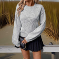 Embroidered Flower Round Neck Stretchy Sweater - Southern Shores Clothing