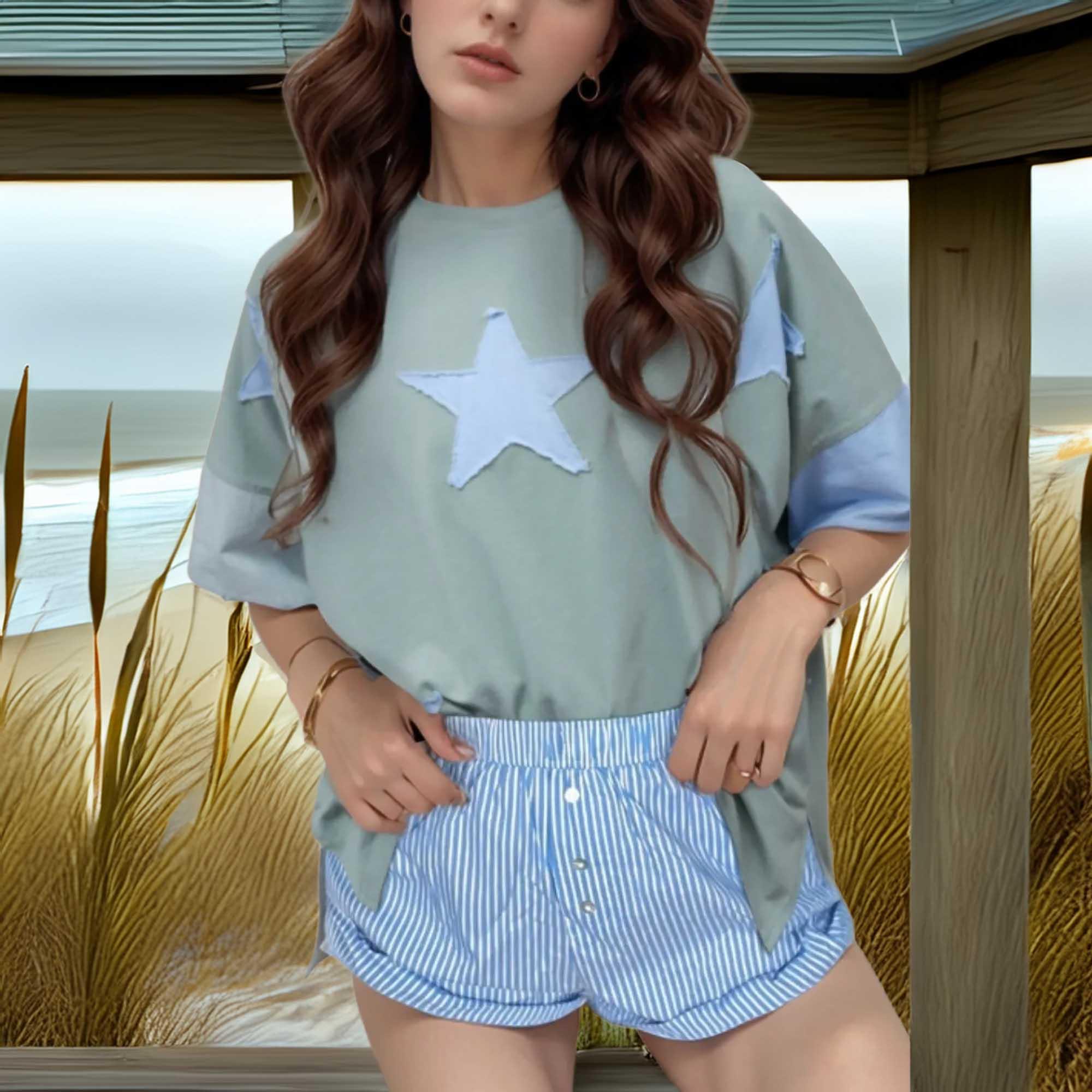 Oversized Frayed Denim Star Applique Tee With Patches - Southern Shores Clothing