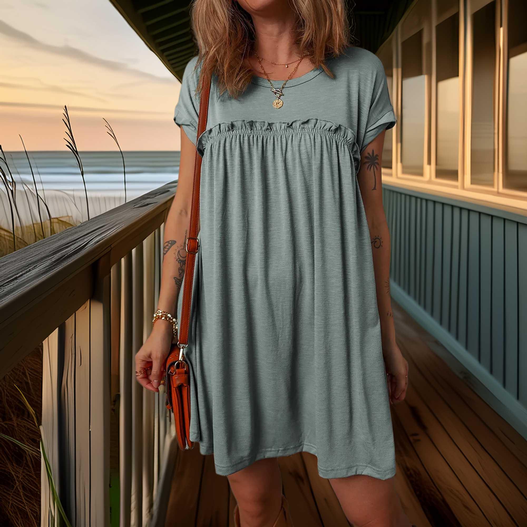 Frilled Gathered Seam Round Neck T Shirt Dress With Stretch - Southern Shores Clothing