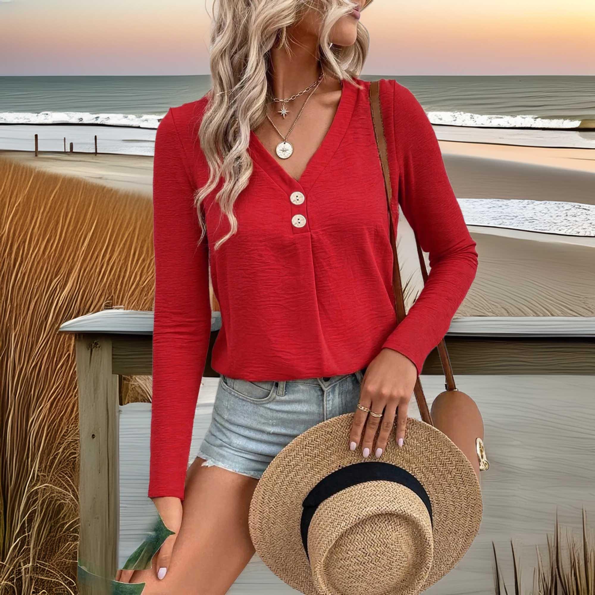 Plus Size V Neck Long Sleeve T Shirt Everyday Comfort - Southern Shores Clothing