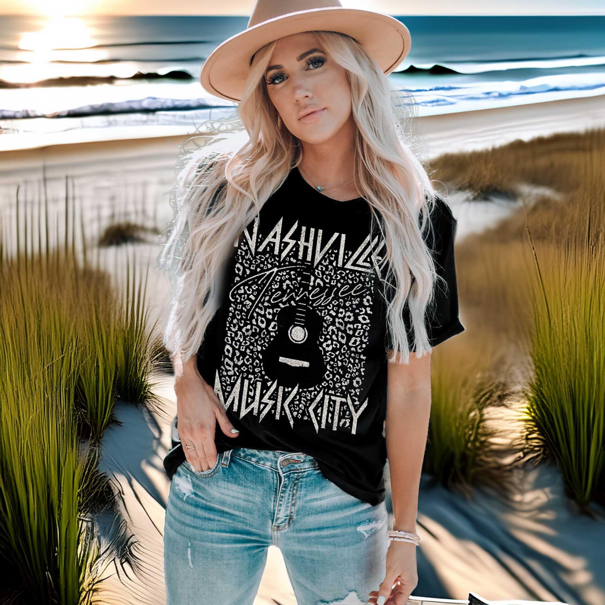 Graphic T Shirt With Cuffed Short Sleeves Round Neck - Southern Shores Clothing