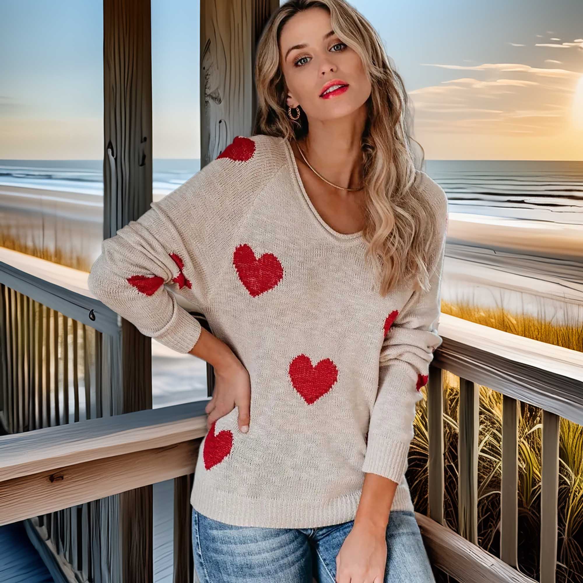 Southern Shores Women's Heart Scoop Neck Long Sleeve Sweater