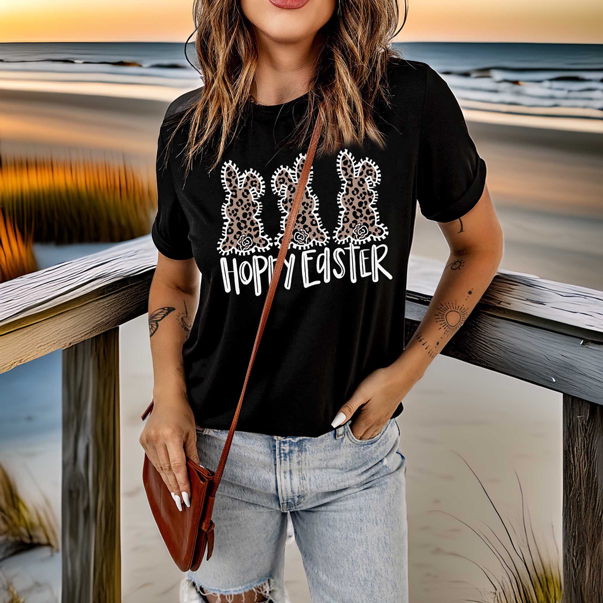 Women's Casual Graphic T-Shirt with Hoppy Easter Design