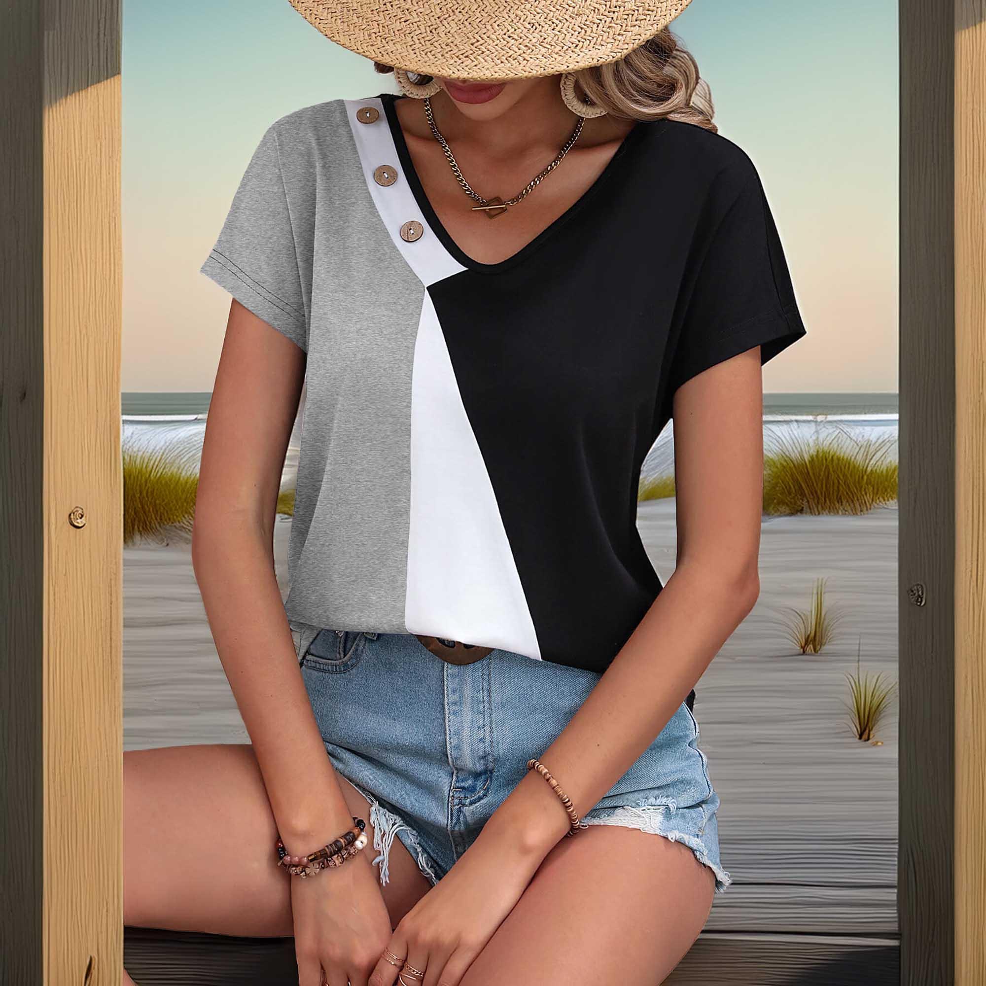 Block V Neck T Shirt With Decorative Buttons - Southern Shores Clothing