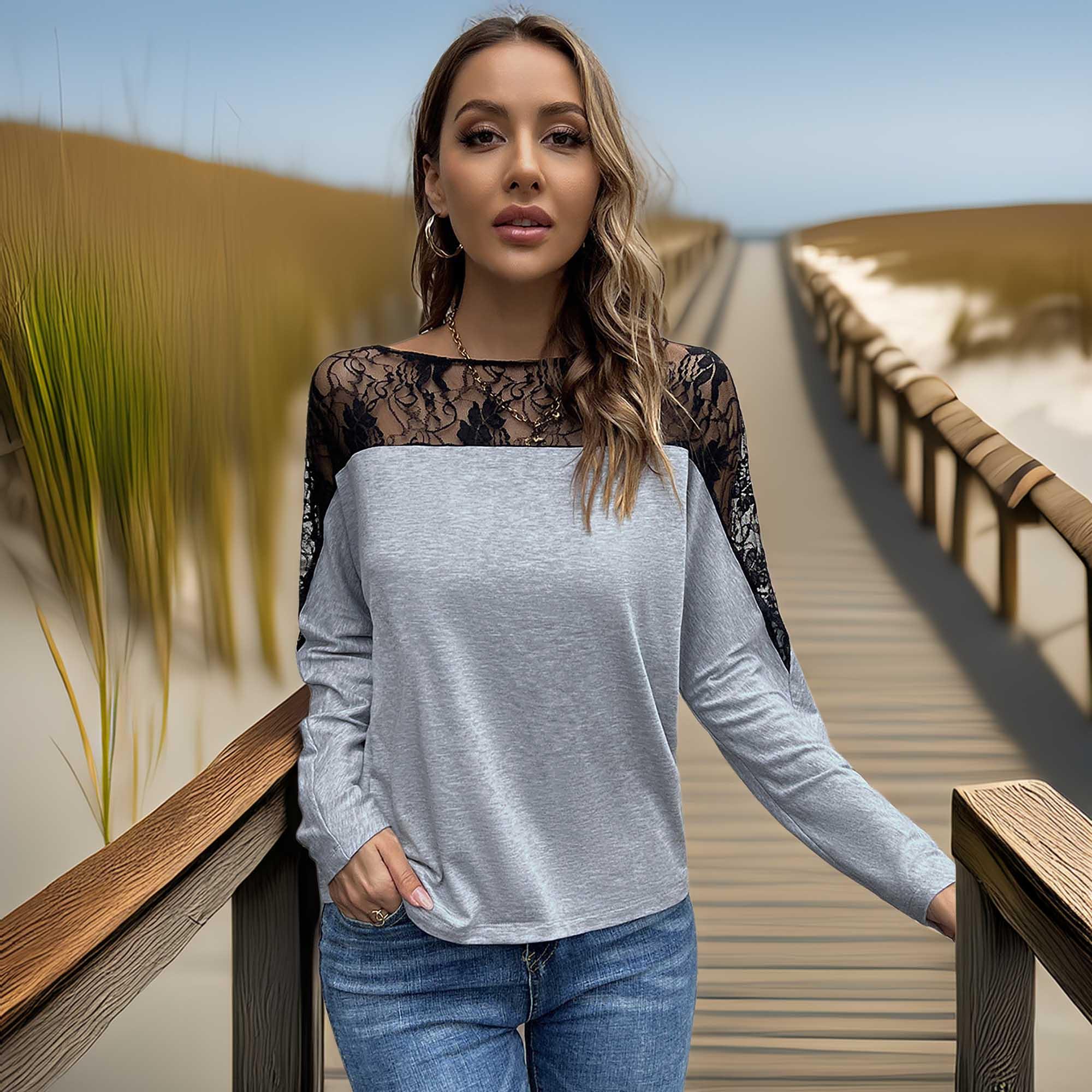 Lace Long Sleeve Round Neck Two Tone T Shirt - Southern Shores Clothing