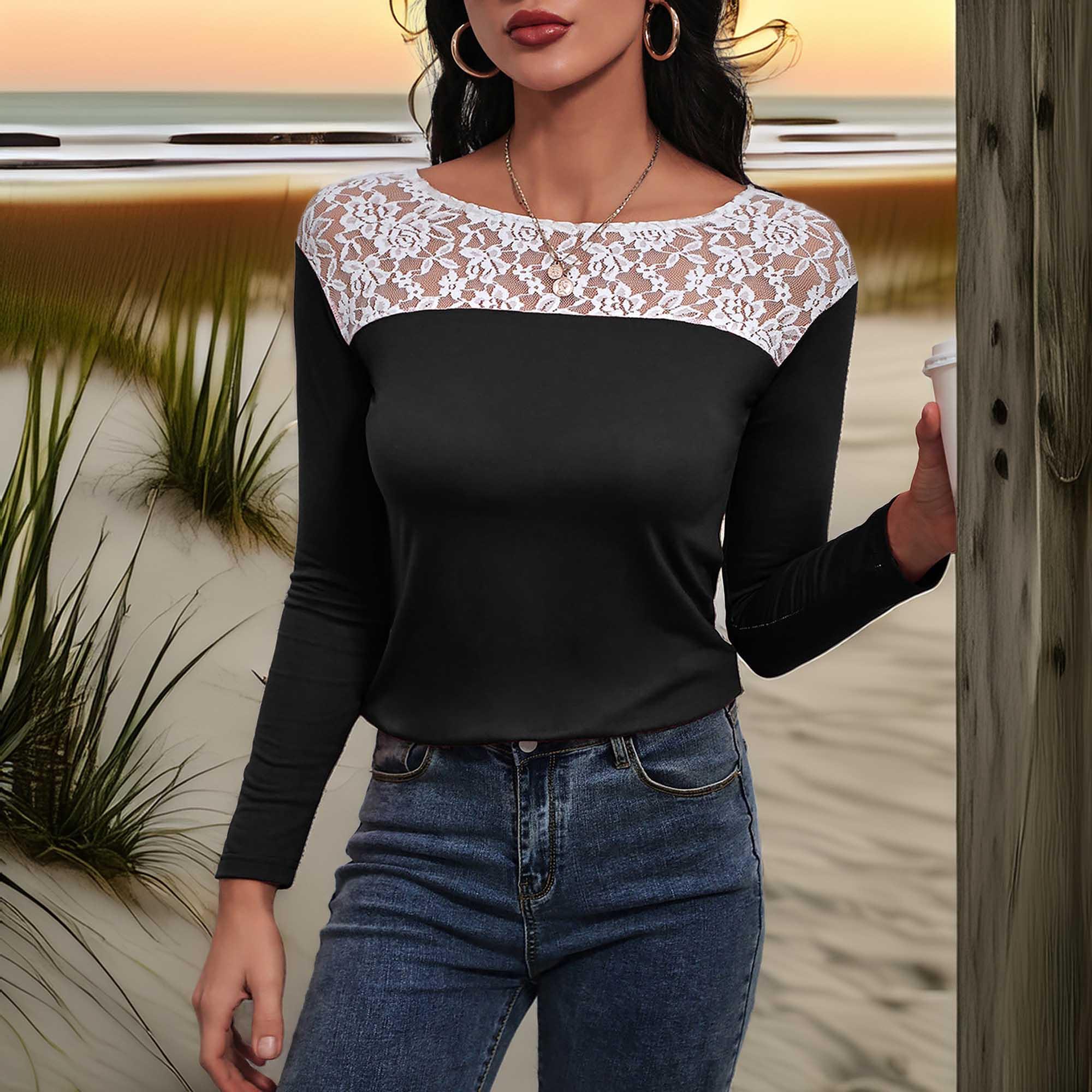 Lace Trim Long Sleeve Round Neck Tee For Casual Wear - Southern Shores Clothing