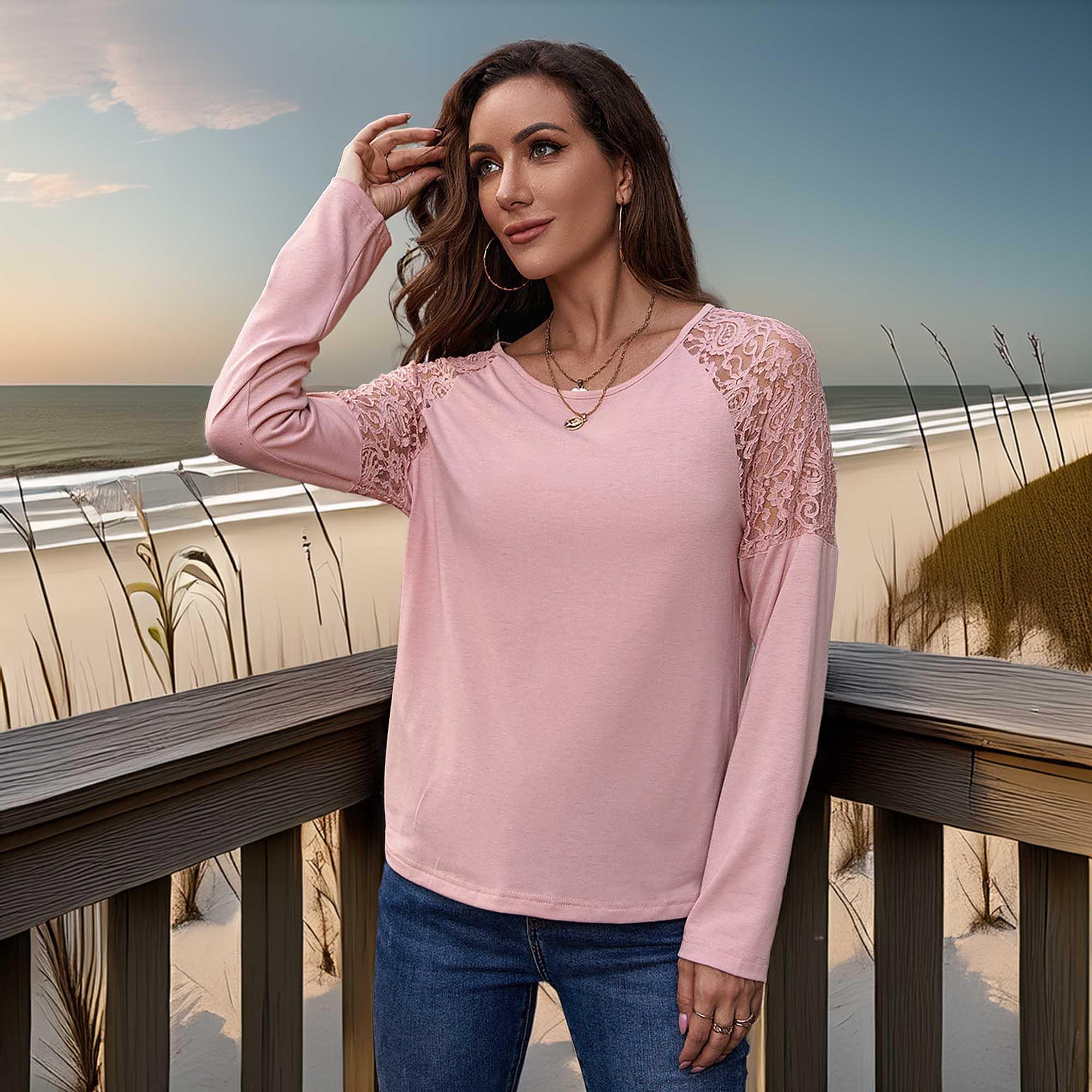 Lace Trim Round Neck Raglan Sleeve T Shirt - Southern Shores Clothing