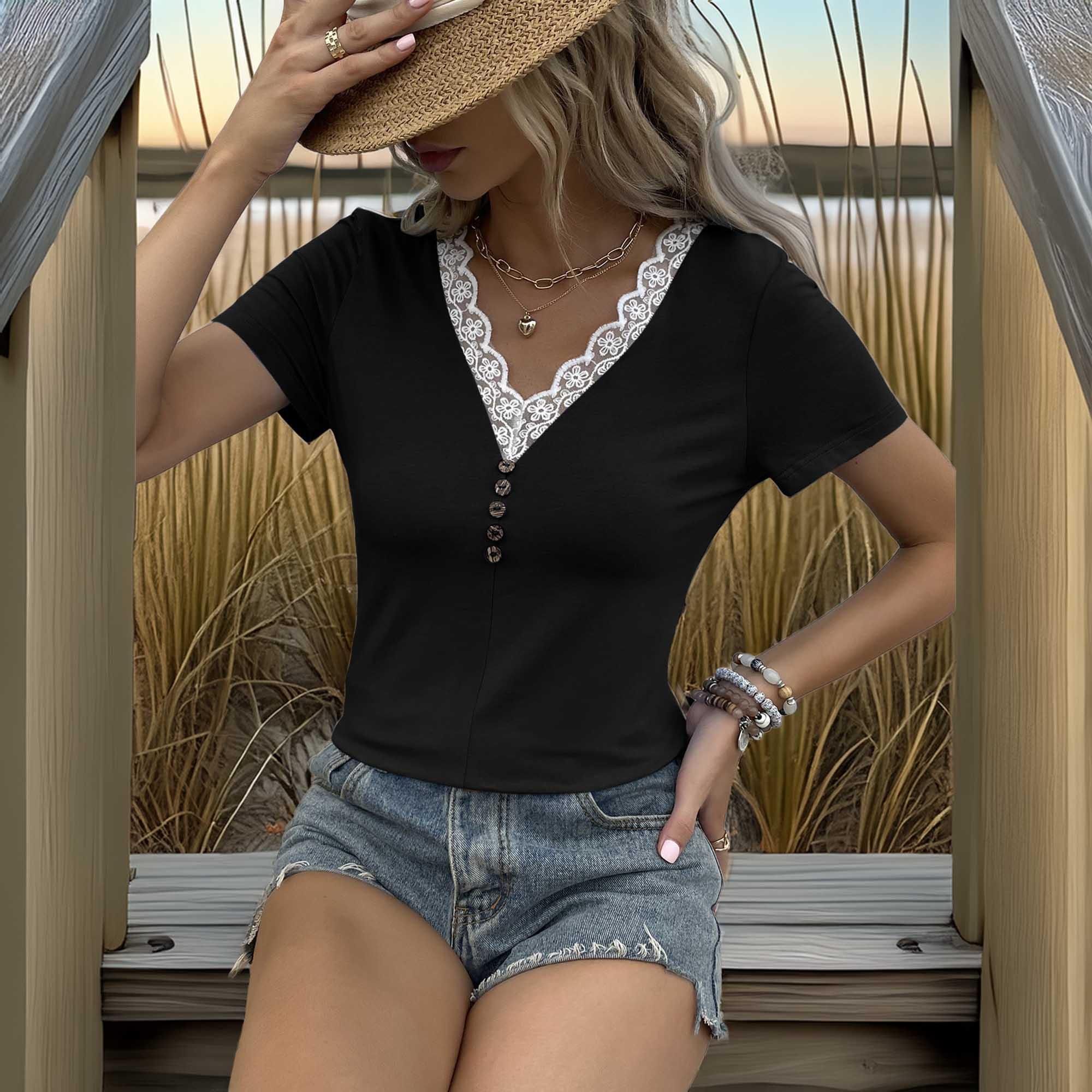 Casual Printed Lace Trim V Neck Short Sleeve Blouse - Southern Shores Clothing
