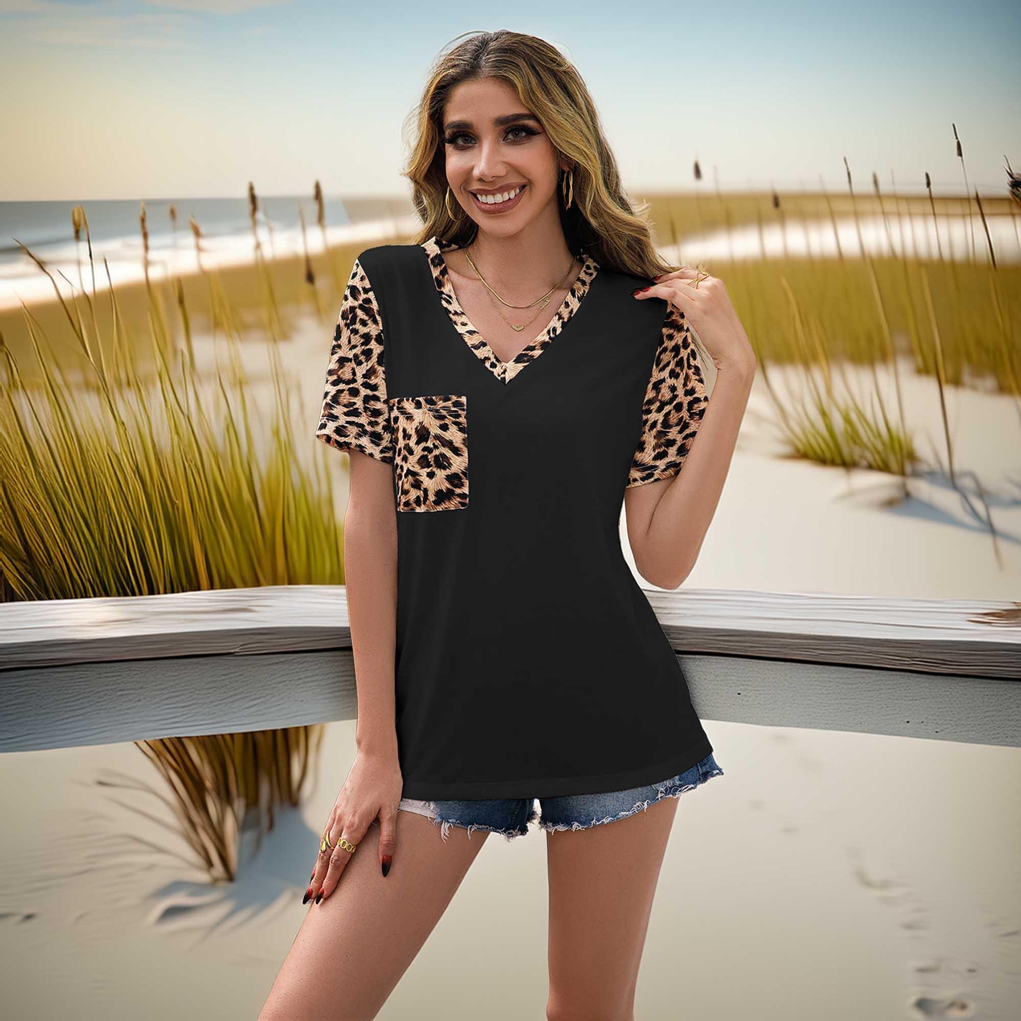 Leopard Print V-Neck Short Sleeve Soft Stretchy Tunic Tee - Southern Shores Clothing