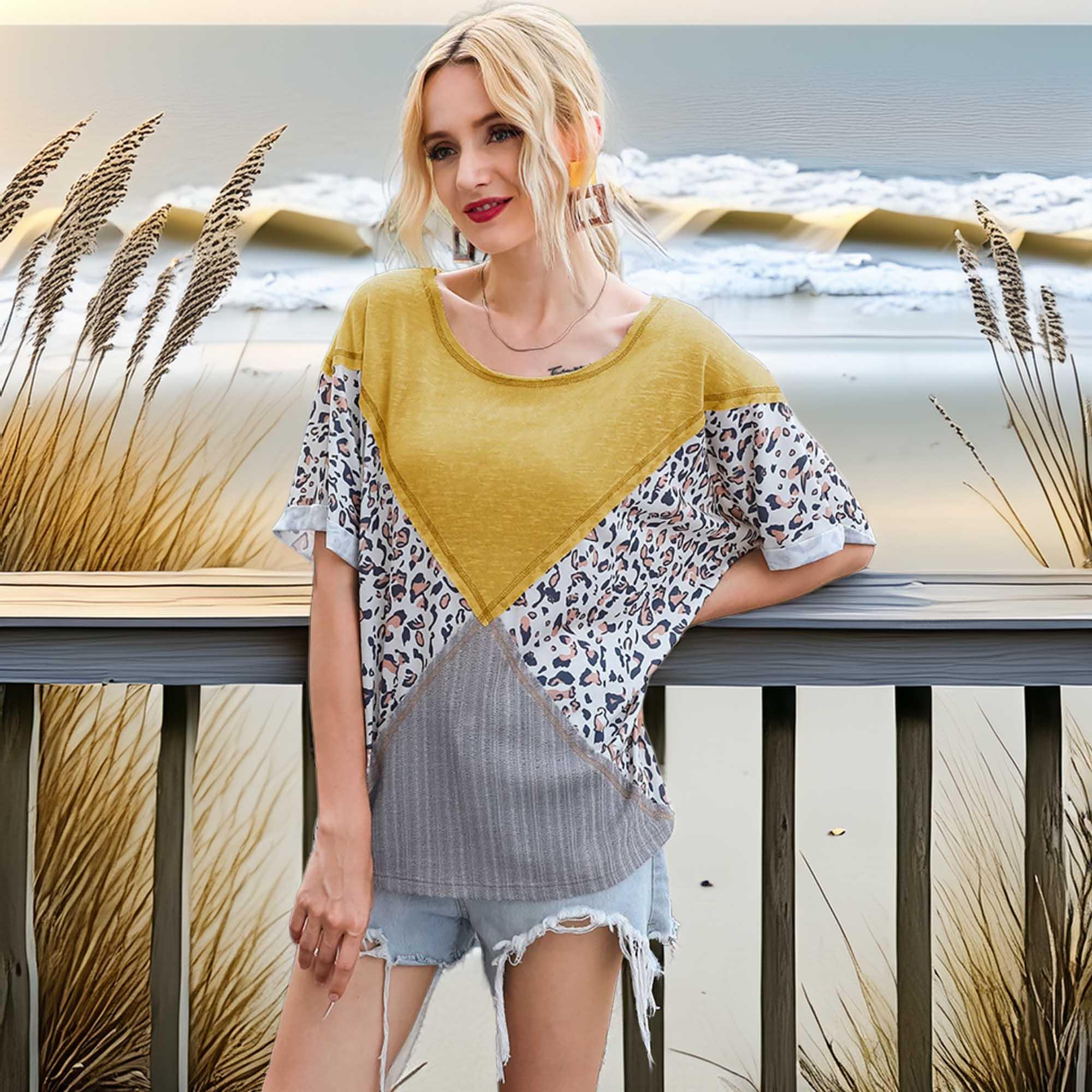 Printed Round Neck Short Sleeve Tee Polyester Spandex - Southern Shores Clothing