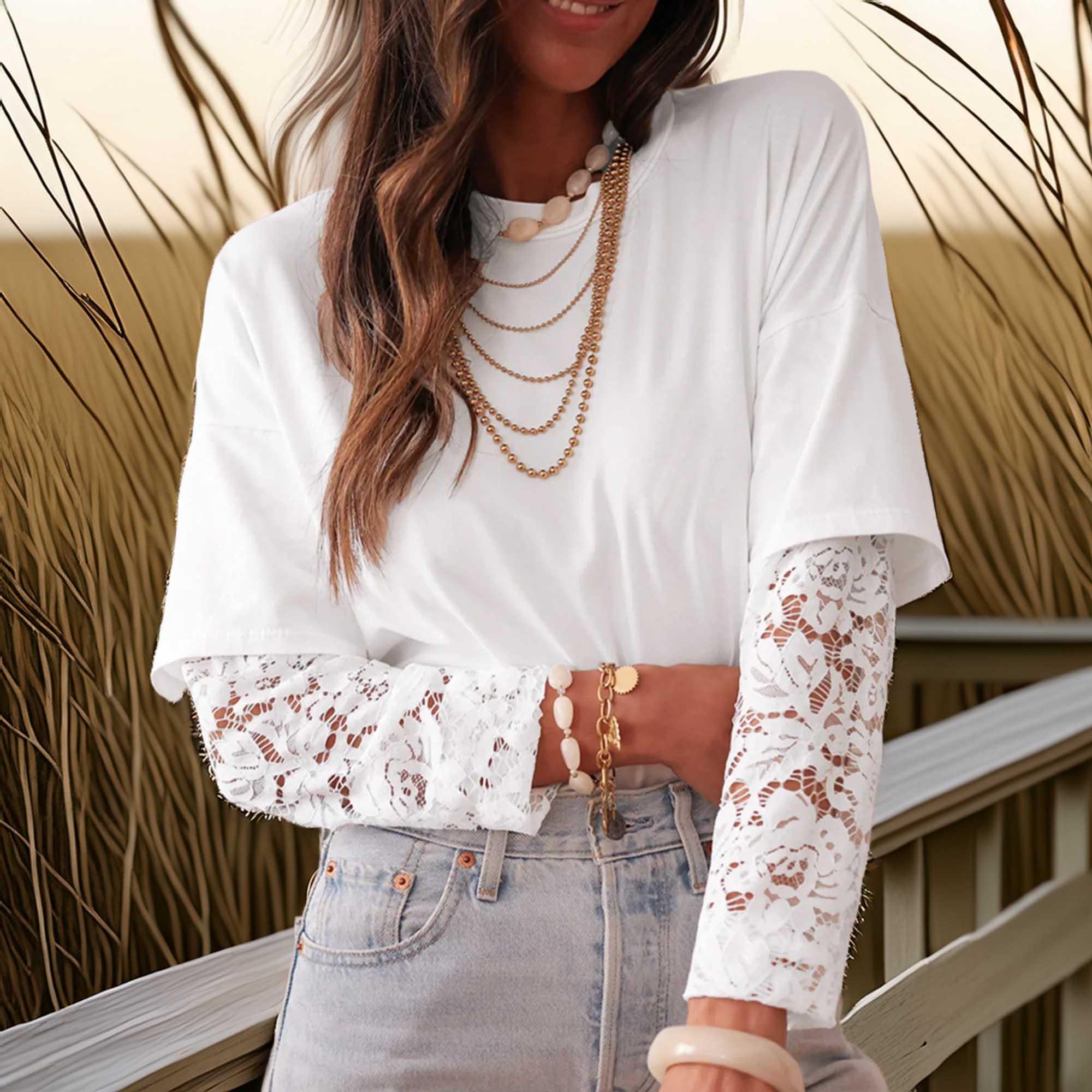 Lace Insert Long Sleeve Drop Shoulder Tee With Stretch - Southern Shores Clothing