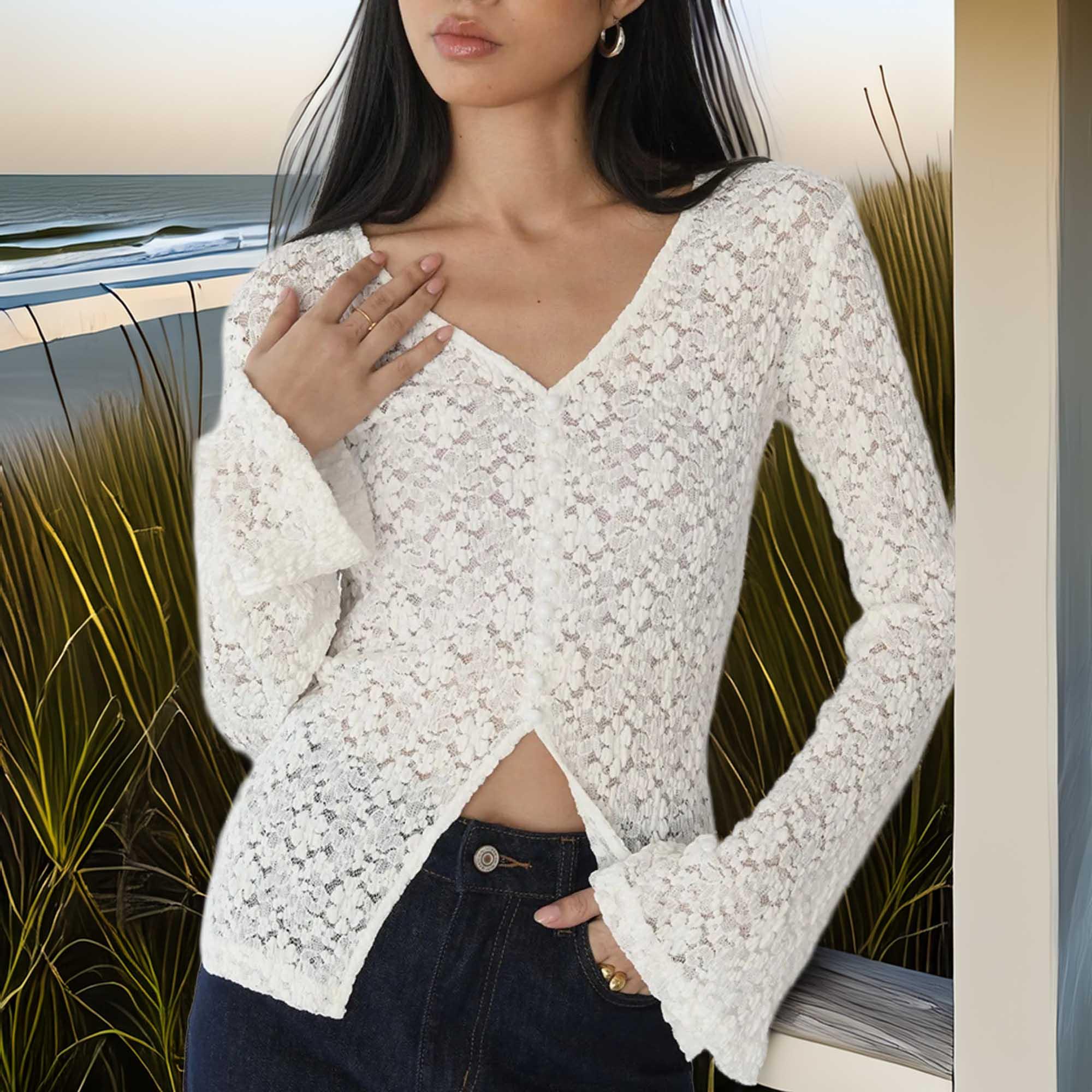 Lace V-Neck Flare Sleeve Buttoned Slit T Shirt - Southern Shores Clothing