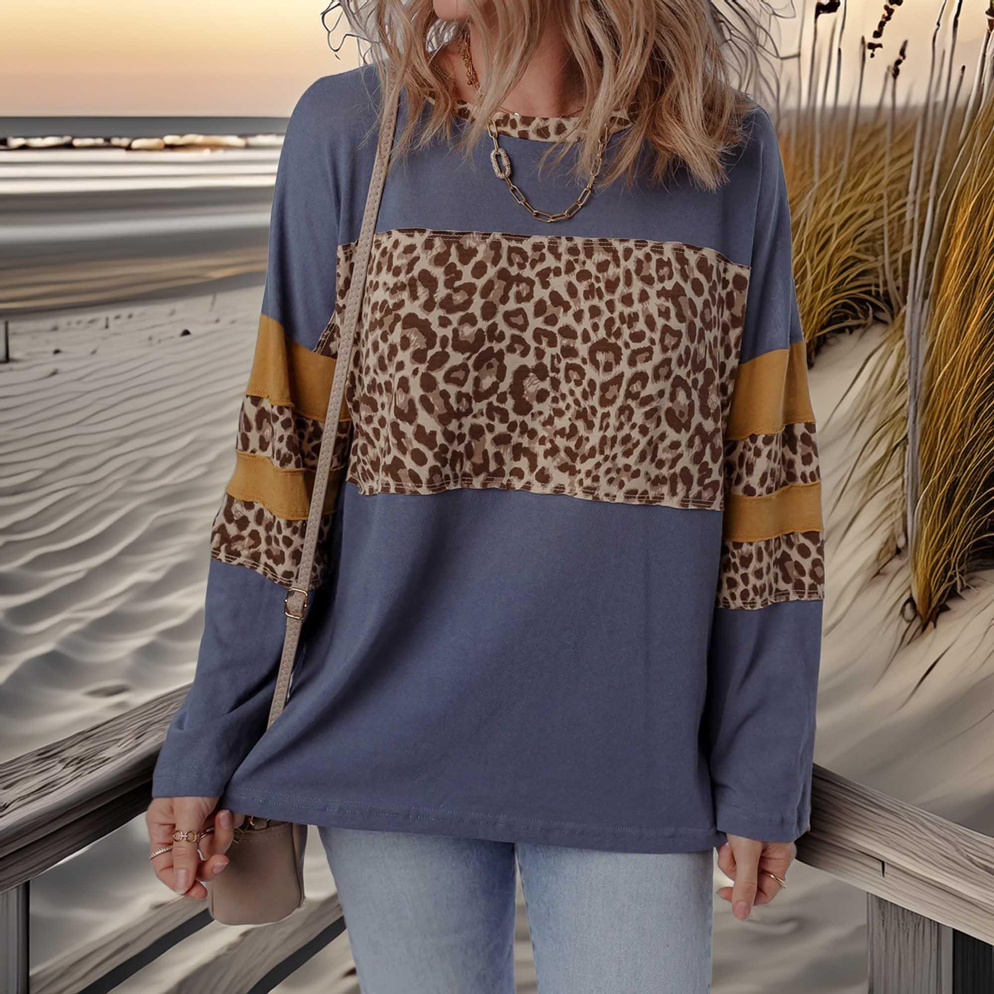 Leopard Color Block Cotton Long Sleeve Drop Shoulder Top - Southern Shores Clothing