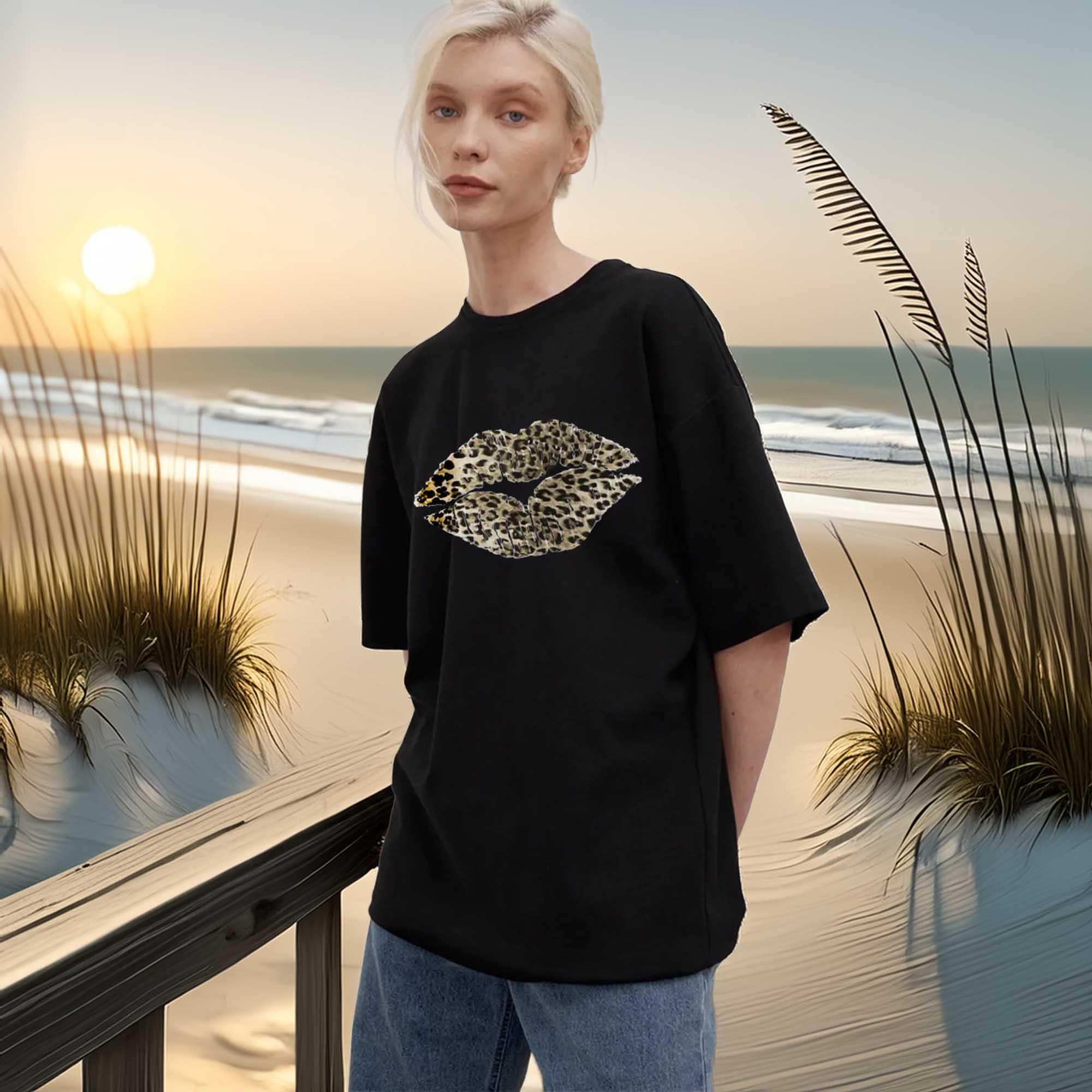 Leopard Lips Round Neck Oversized T Shirt - Southern Shores Clothing