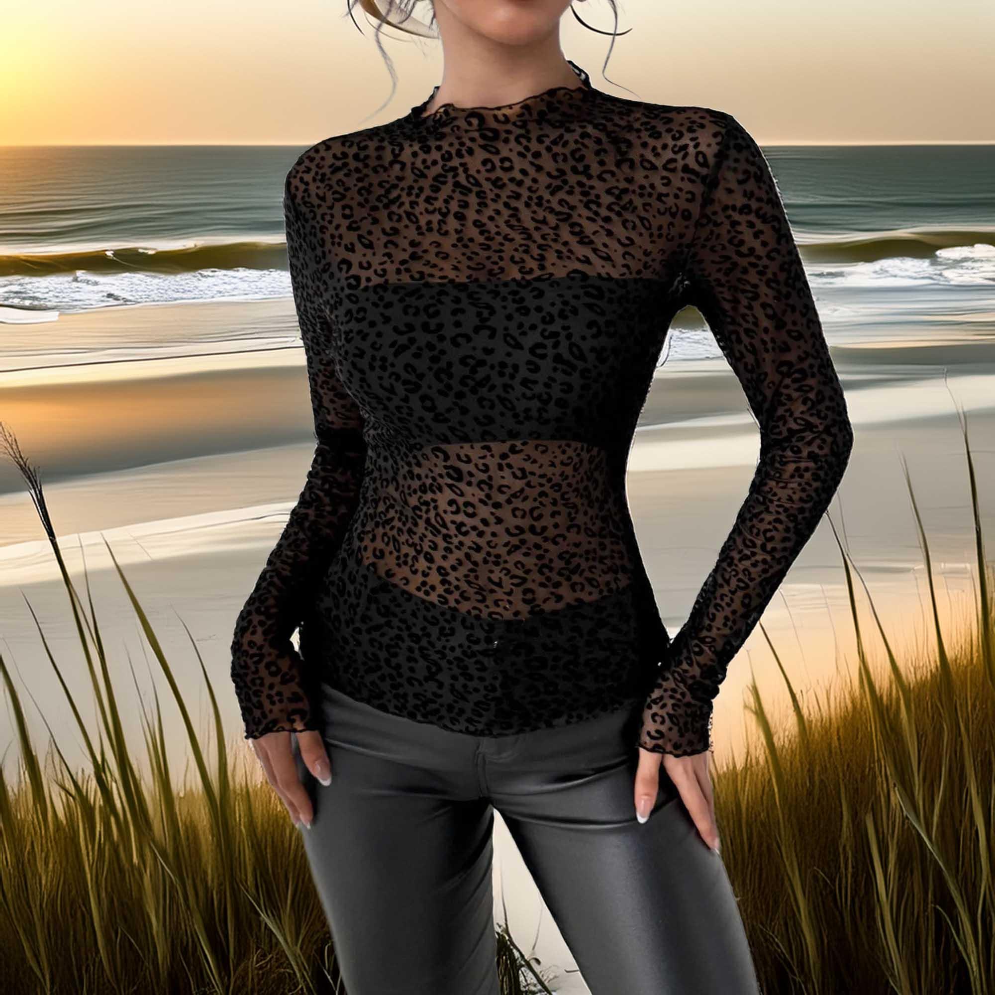 Leopard Print Mesh Long Sleeve Top With Sheer Fabric - Southern Shores Clothing