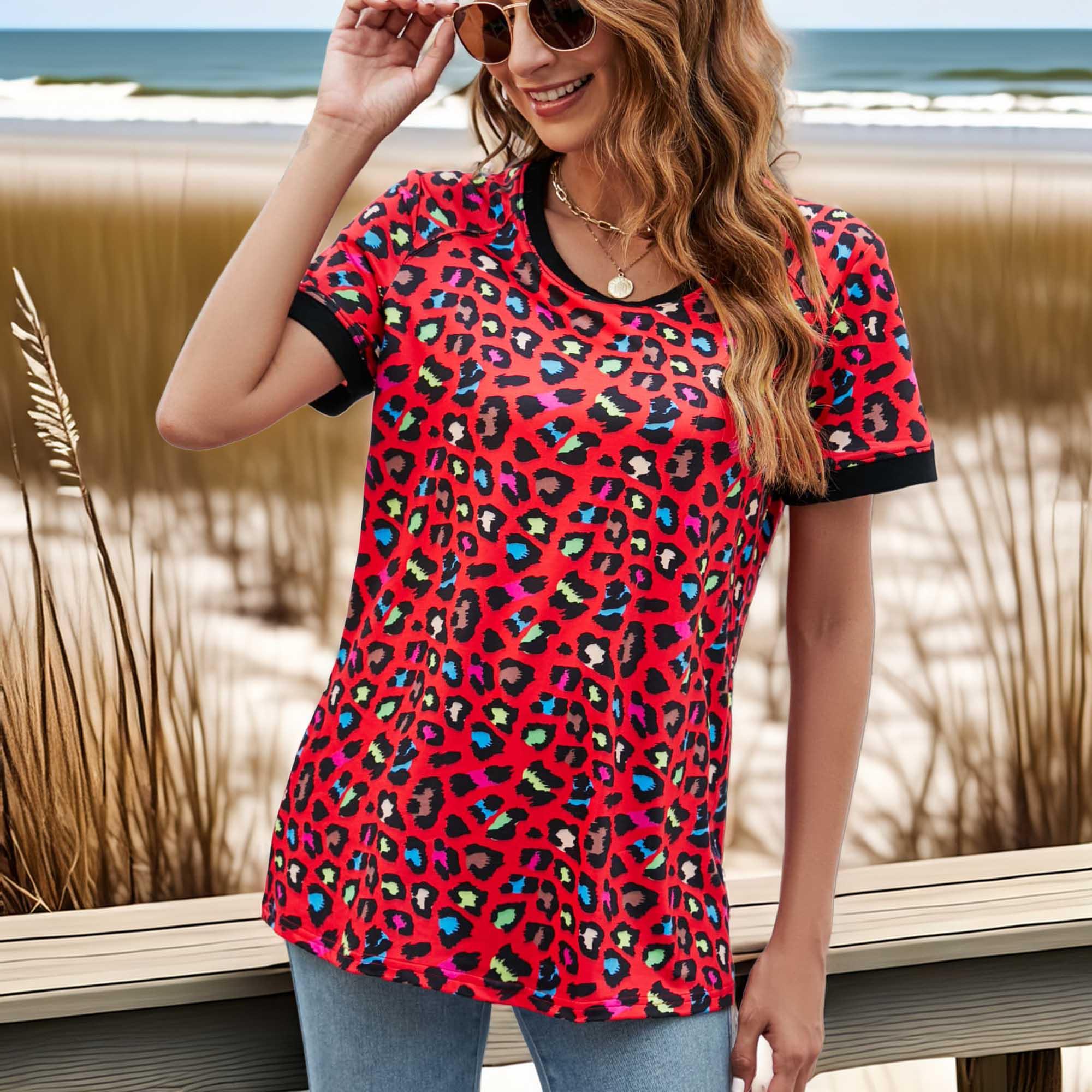 Leopard Print V-Neck Long T-Shirt With Stretchy Fabric - Southern Shores Clothing