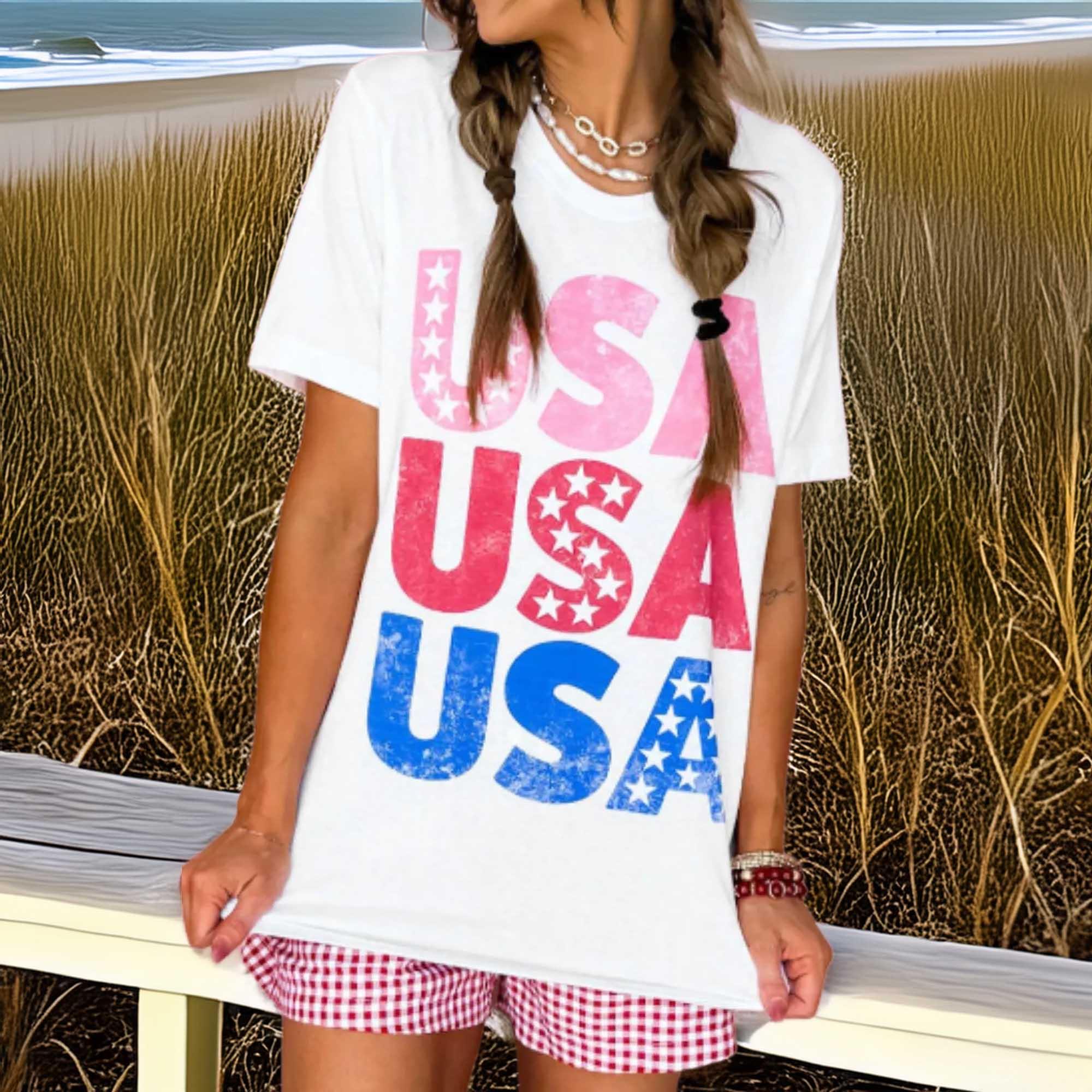 Letter Graphic Round Neck Short Sleeve T Shirt With Stretch - Southern Shores Clothing