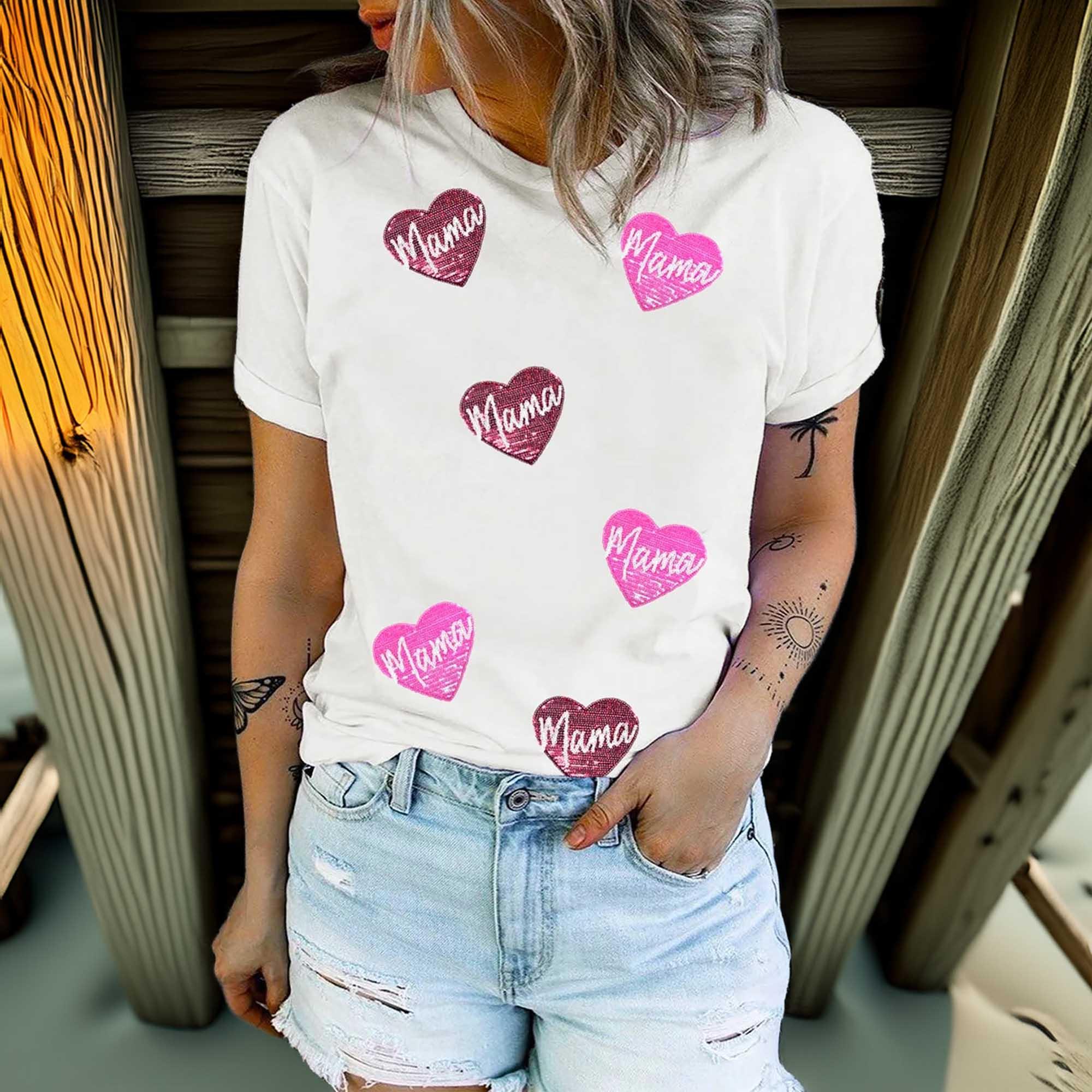 Heart Shape Sequin Patched Crew Neck T Shirt - Southern Shores Clothing