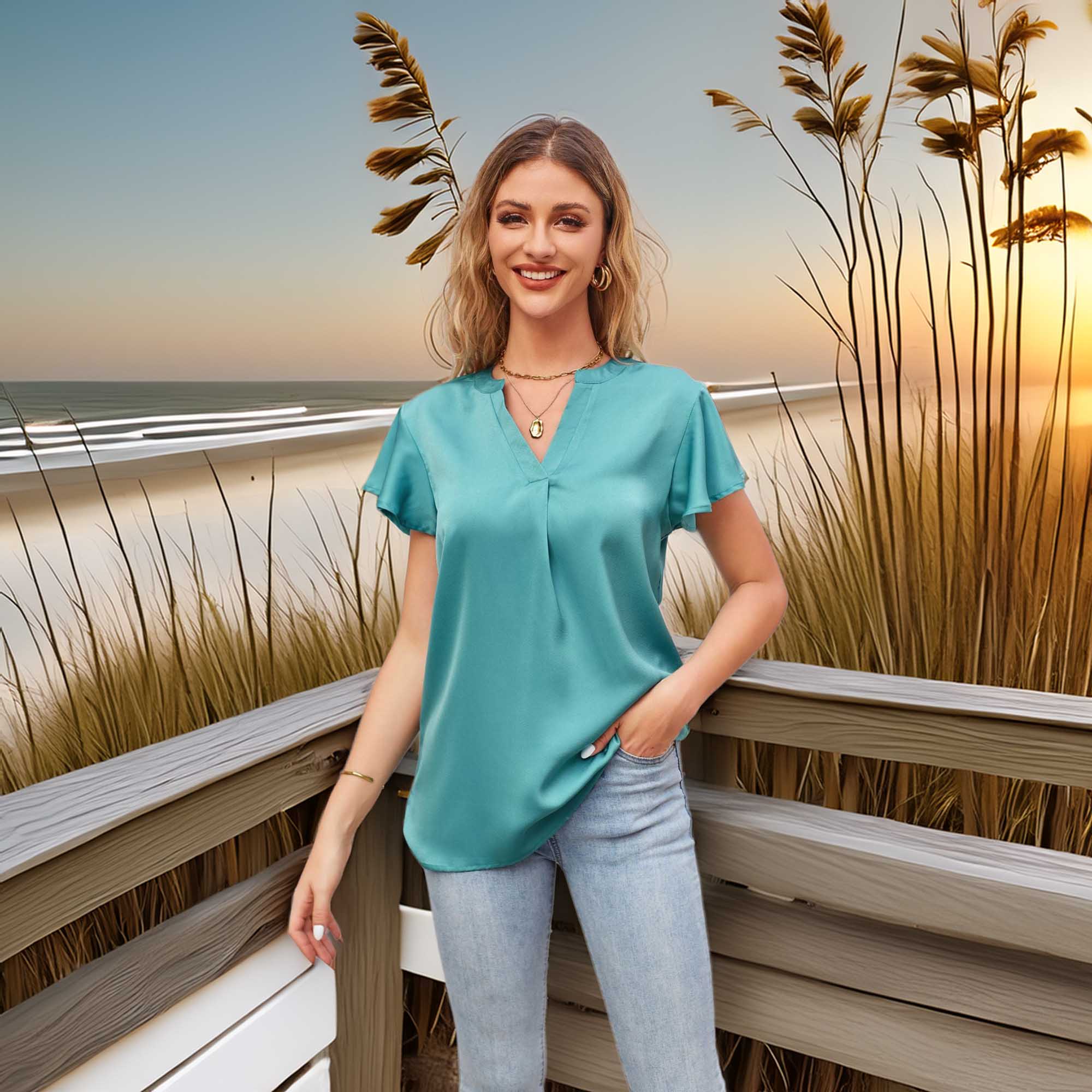 AYL Women's Casual Solid V-Neck Flutter Sleeve Satin Top