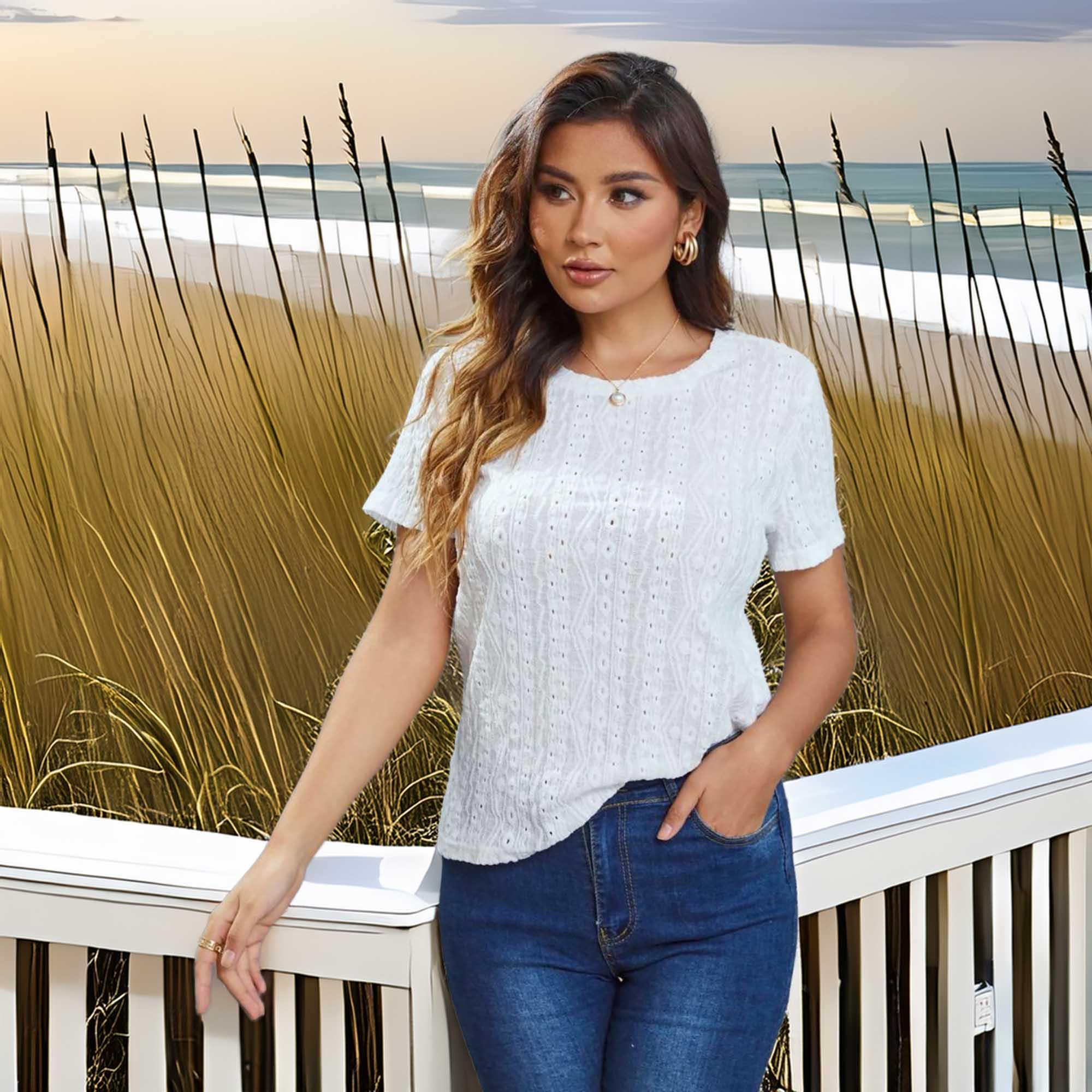Openwork Short Sleeve Round Neck Top With Sheer Fabric - Southern Shores Clothing
