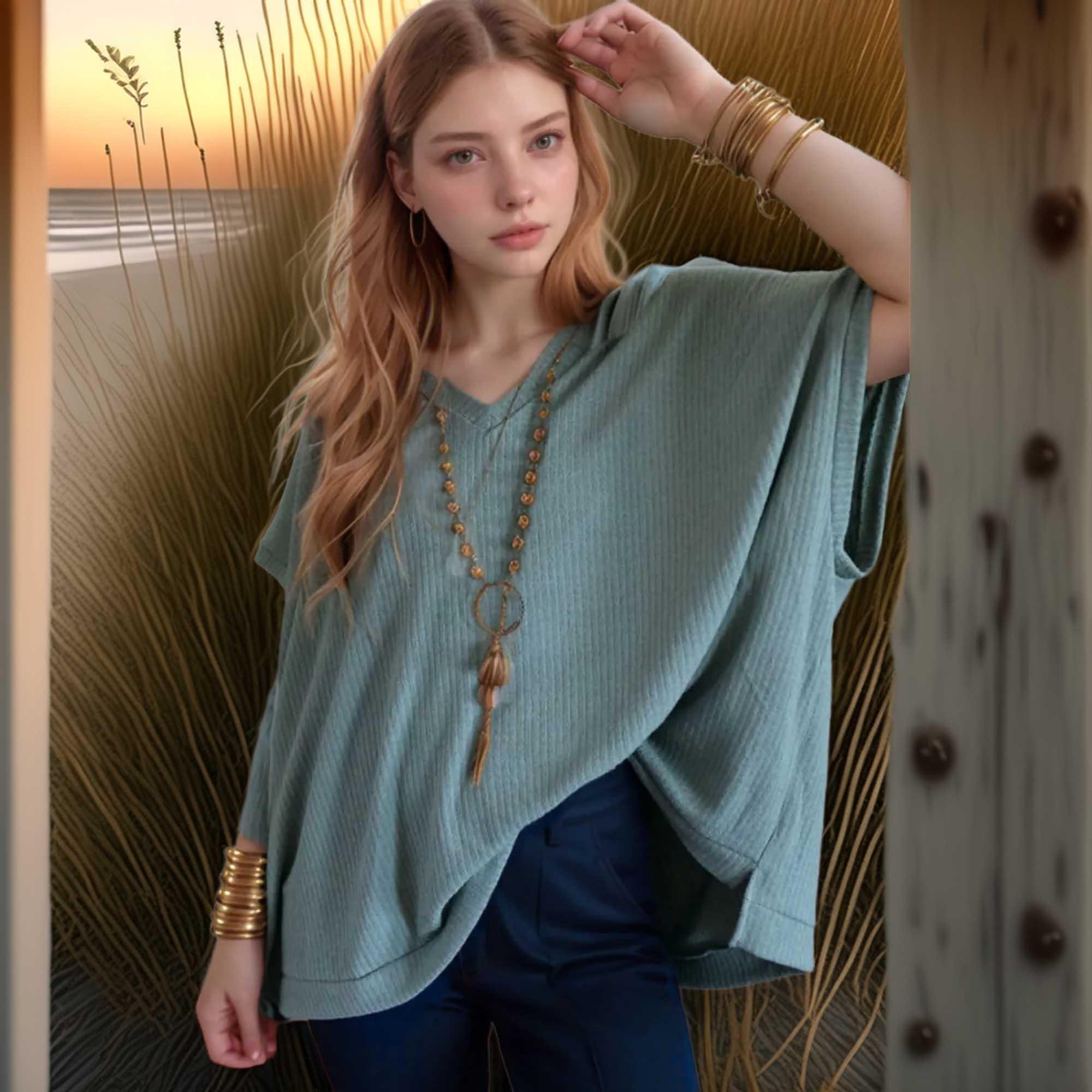 Oversized Ribbed Knit V Neck Dolman Short Sleeve Top - Southern Shores Clothing