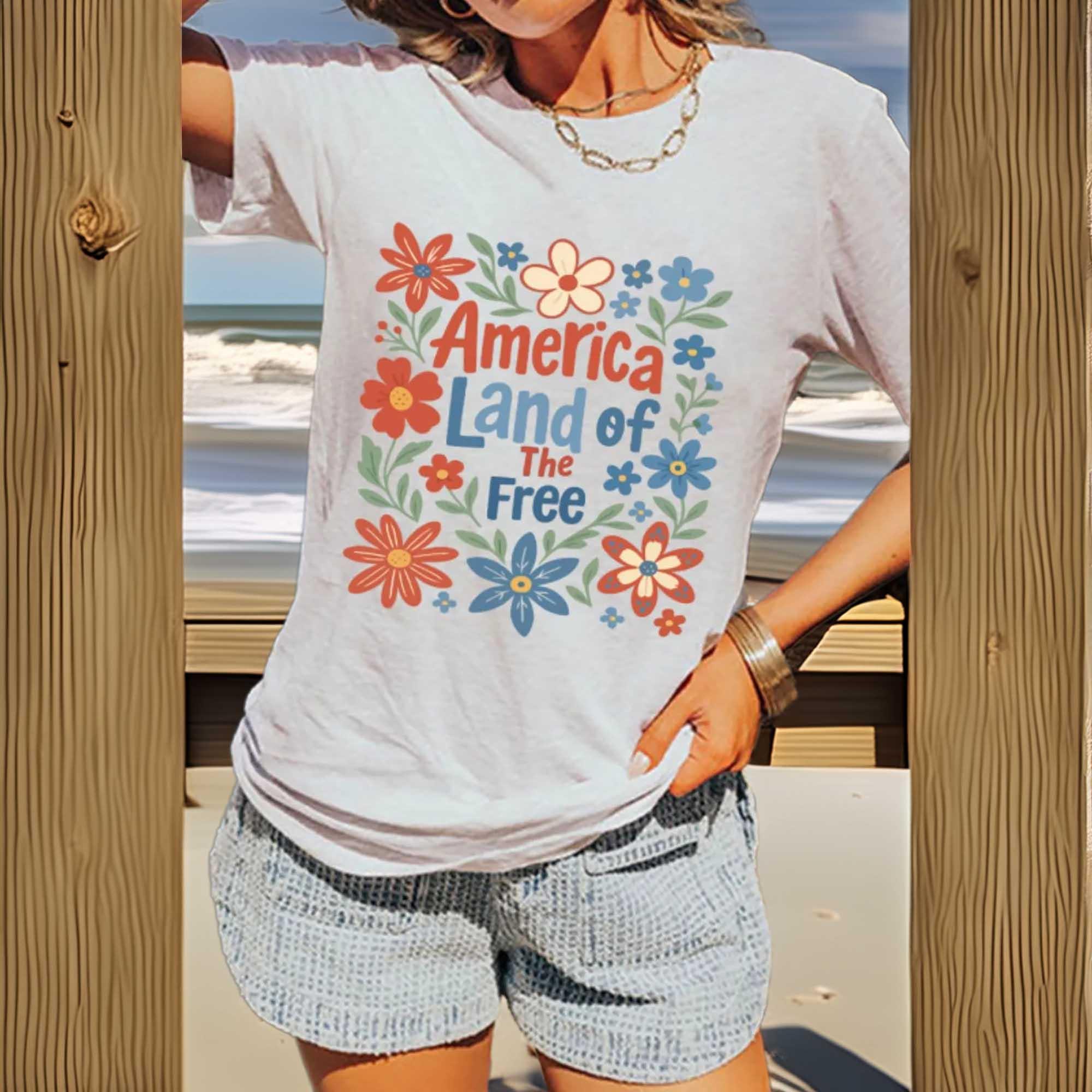 Patriotic Floral America Graphic Tee With Stretch Fabric - Southern Shores Clothing
