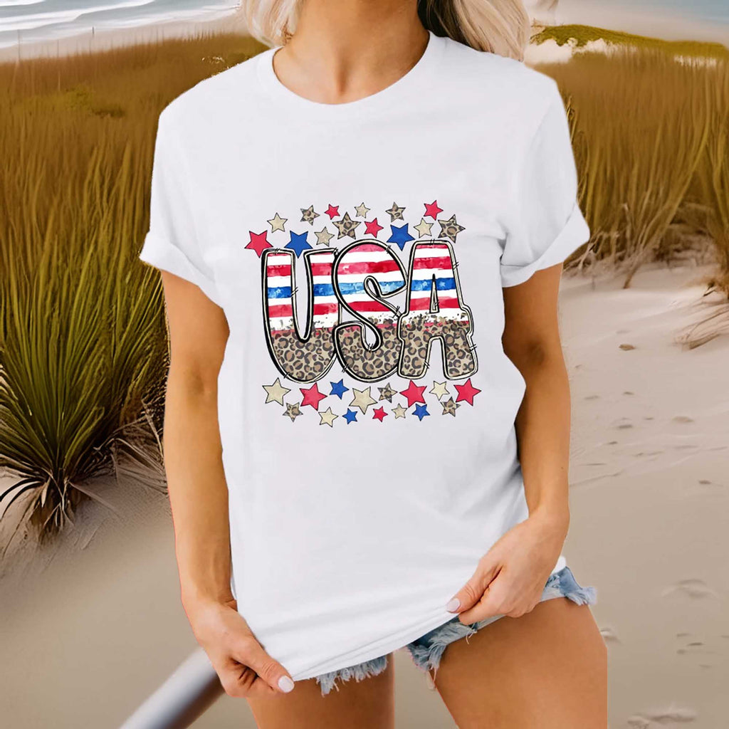 SYNZ Women's Patriotic Star Leopard USA Letter Graphic T-Shirt