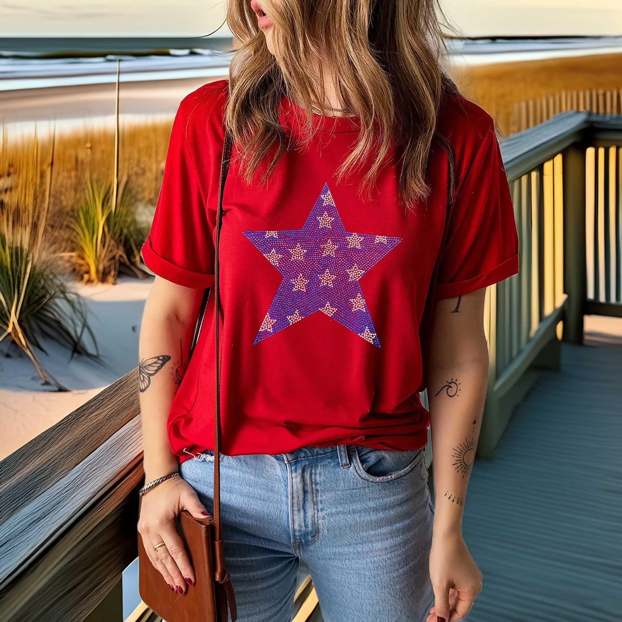 Patriotic Star Round Neck T Shirt With Rhinestones - Southern Shores Clothing