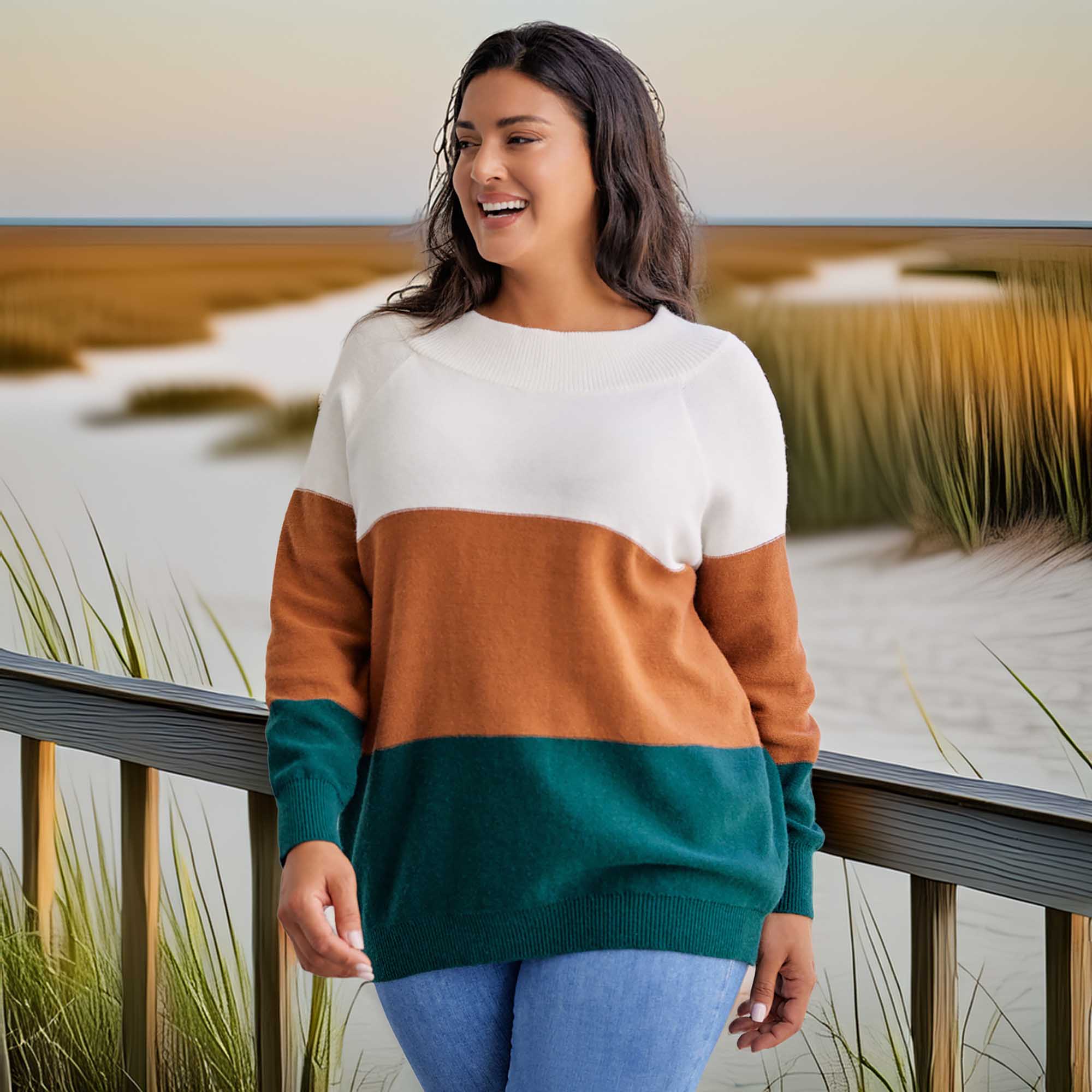 Southern Shores Women's Plus Size Color Block Long Sleeve Sweater