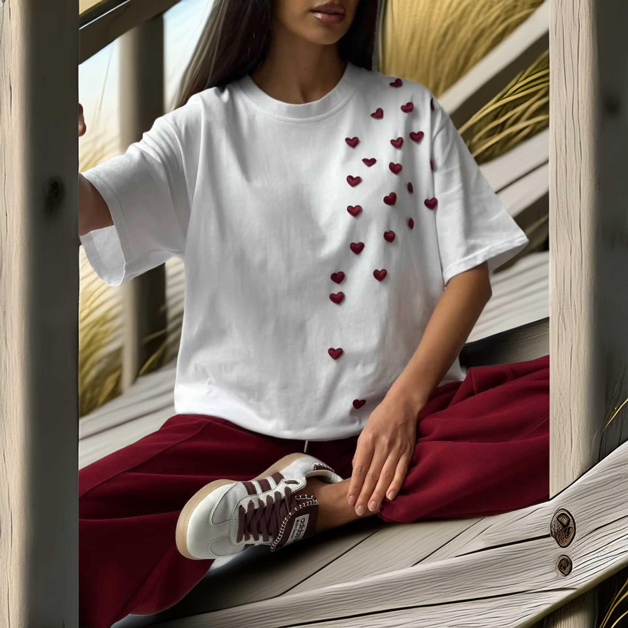 Plus Size Heart Print Round Neck Short Sleeve T Shirt - Southern Shores Clothing