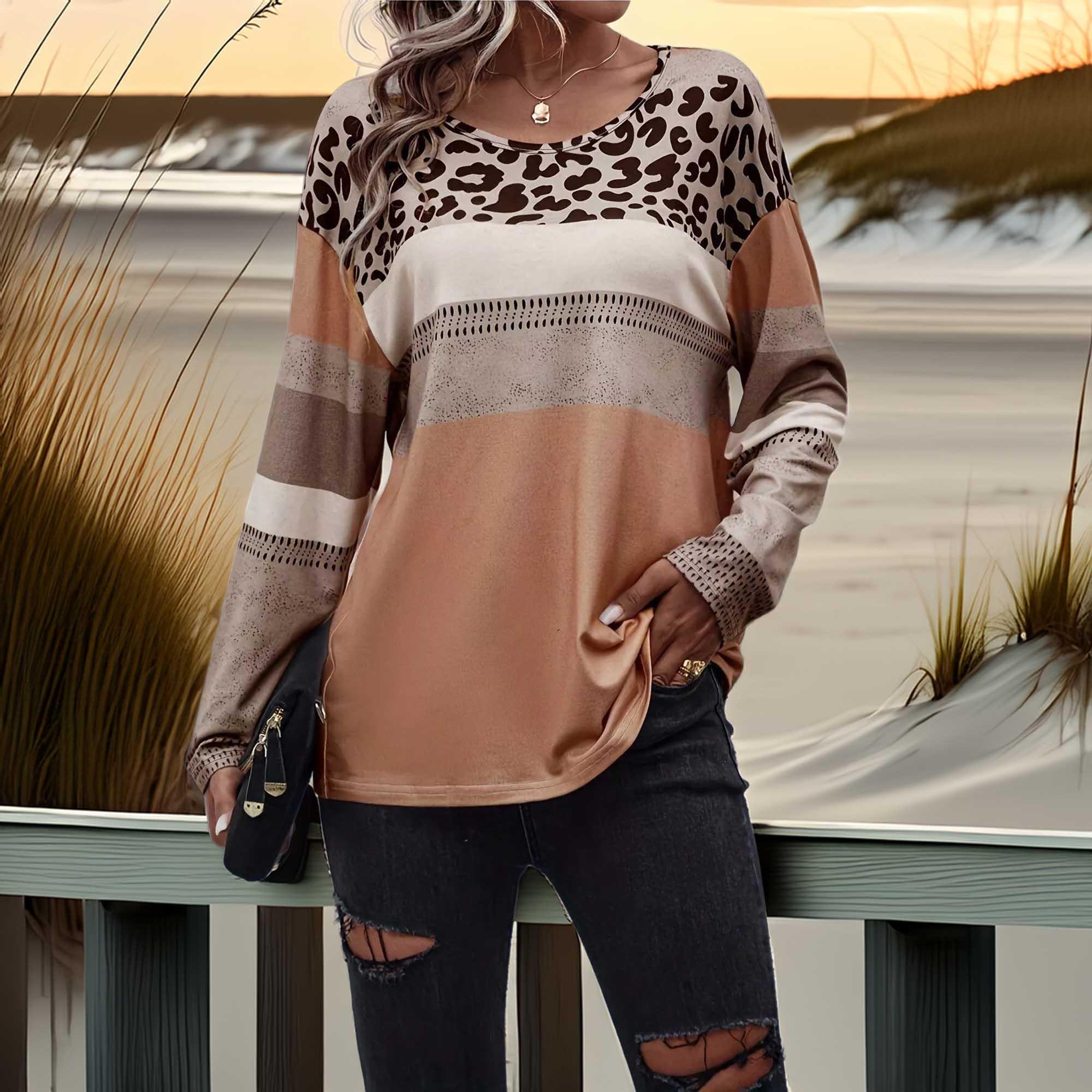 Leopard Print Block Long Sleeve T Shirt Plus Size - Southern Shores Clothing