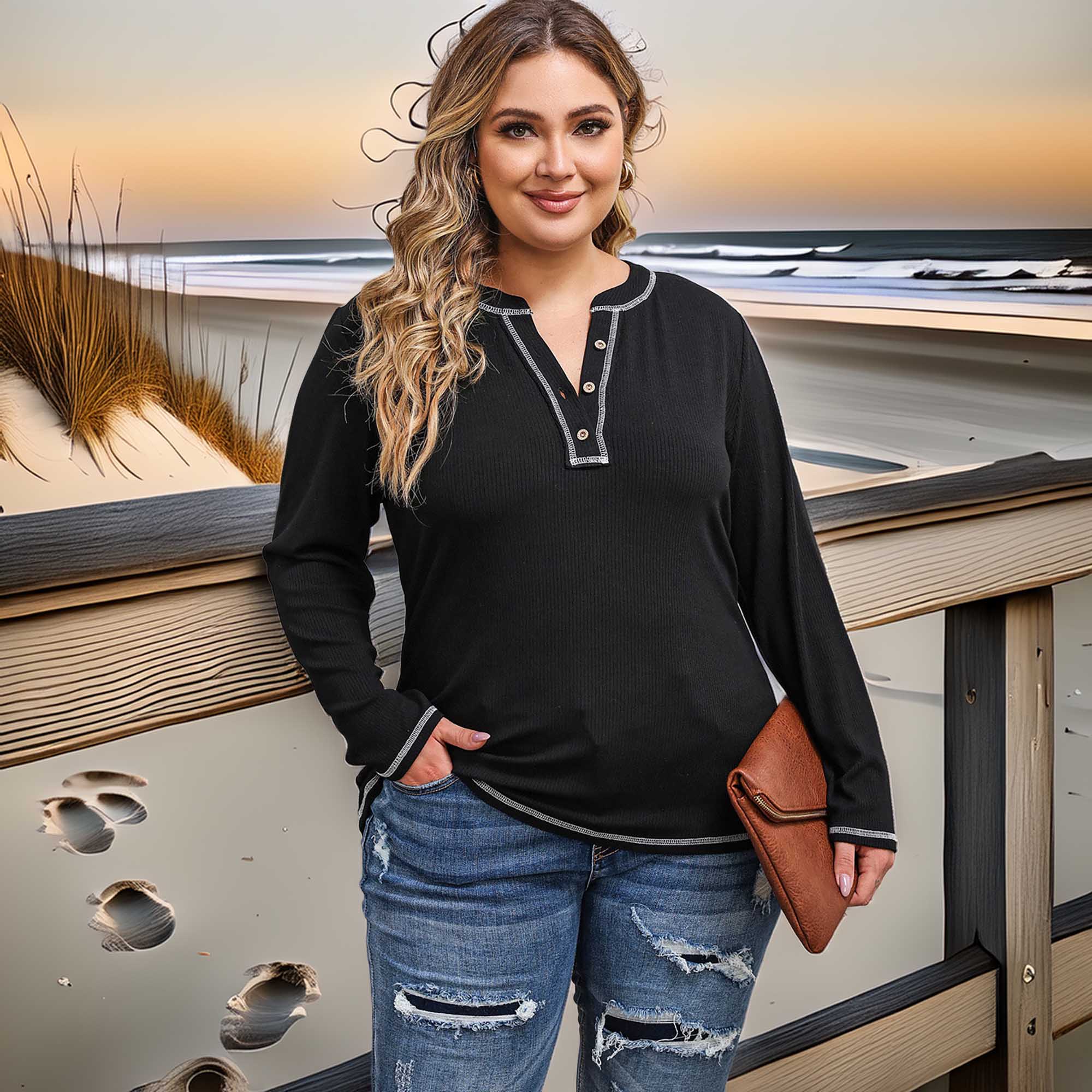 SYNZ Women's Plus Size Casual Notched Neck Long Sleeve T-Shirt