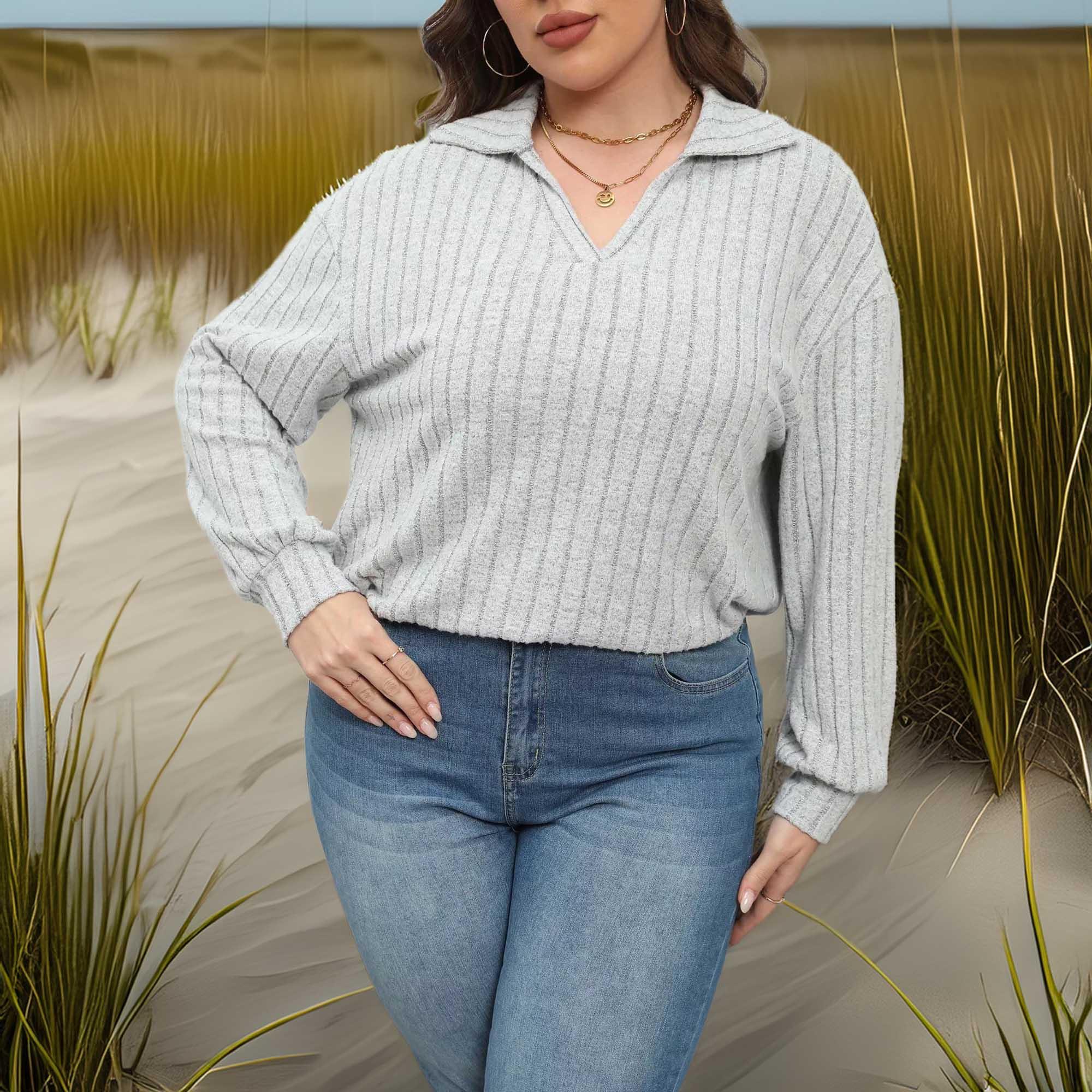 Plus Size Ribbed Knit Polo Collar T Shirt - Southern Shores Clothing