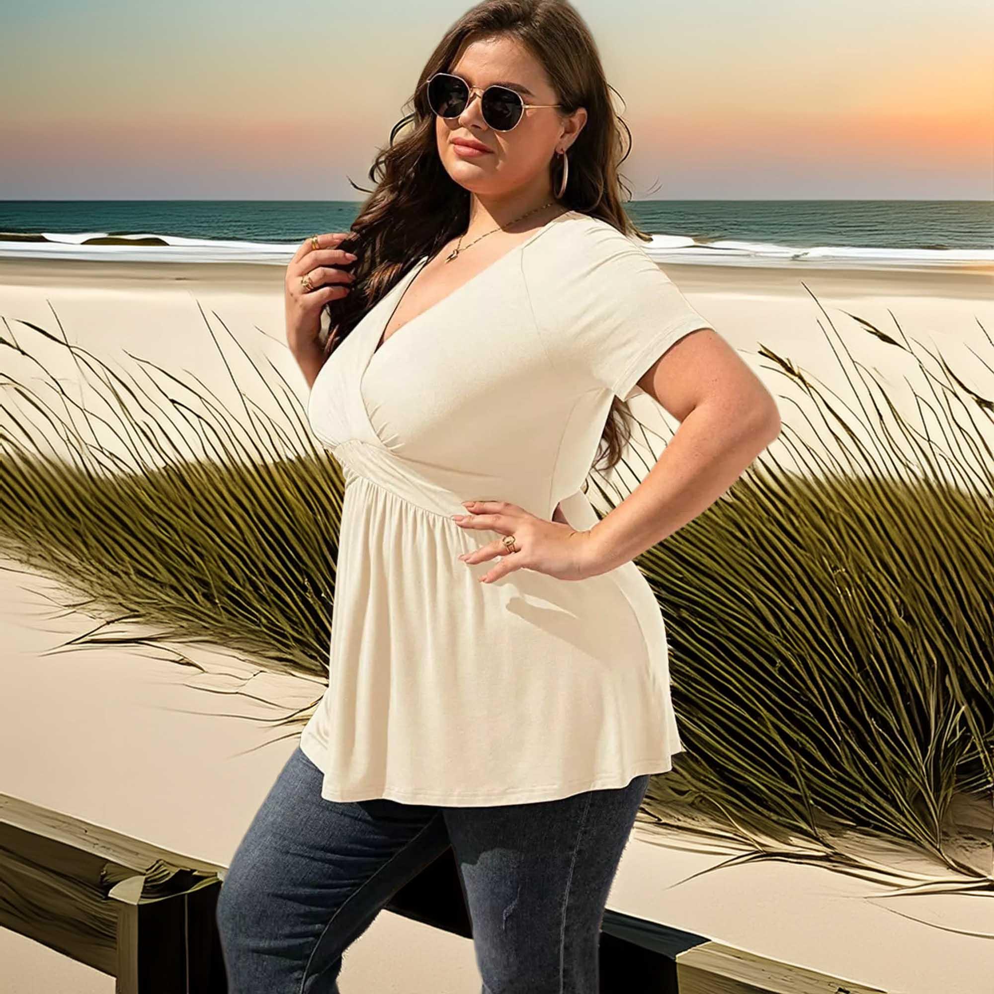 Plus Size Stretch Surplice Short Sleeve T Shirt - Southern Shores Clothing