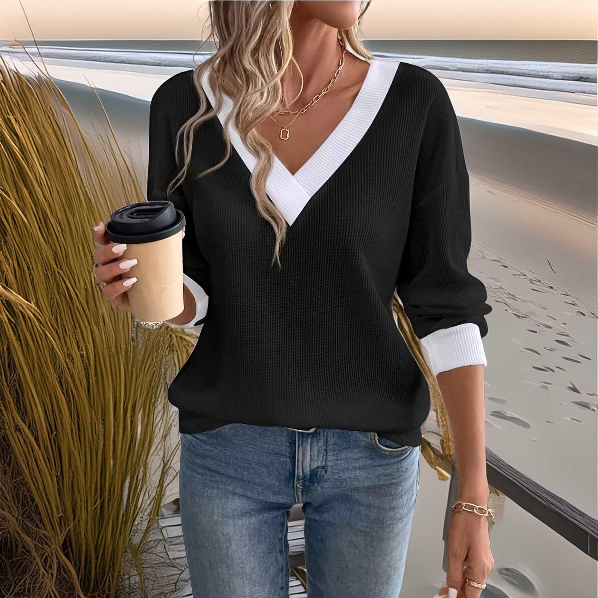 Plus Size V-Neck Long Sleeve Waffle Knit Shirt - Southern Shores Clothing