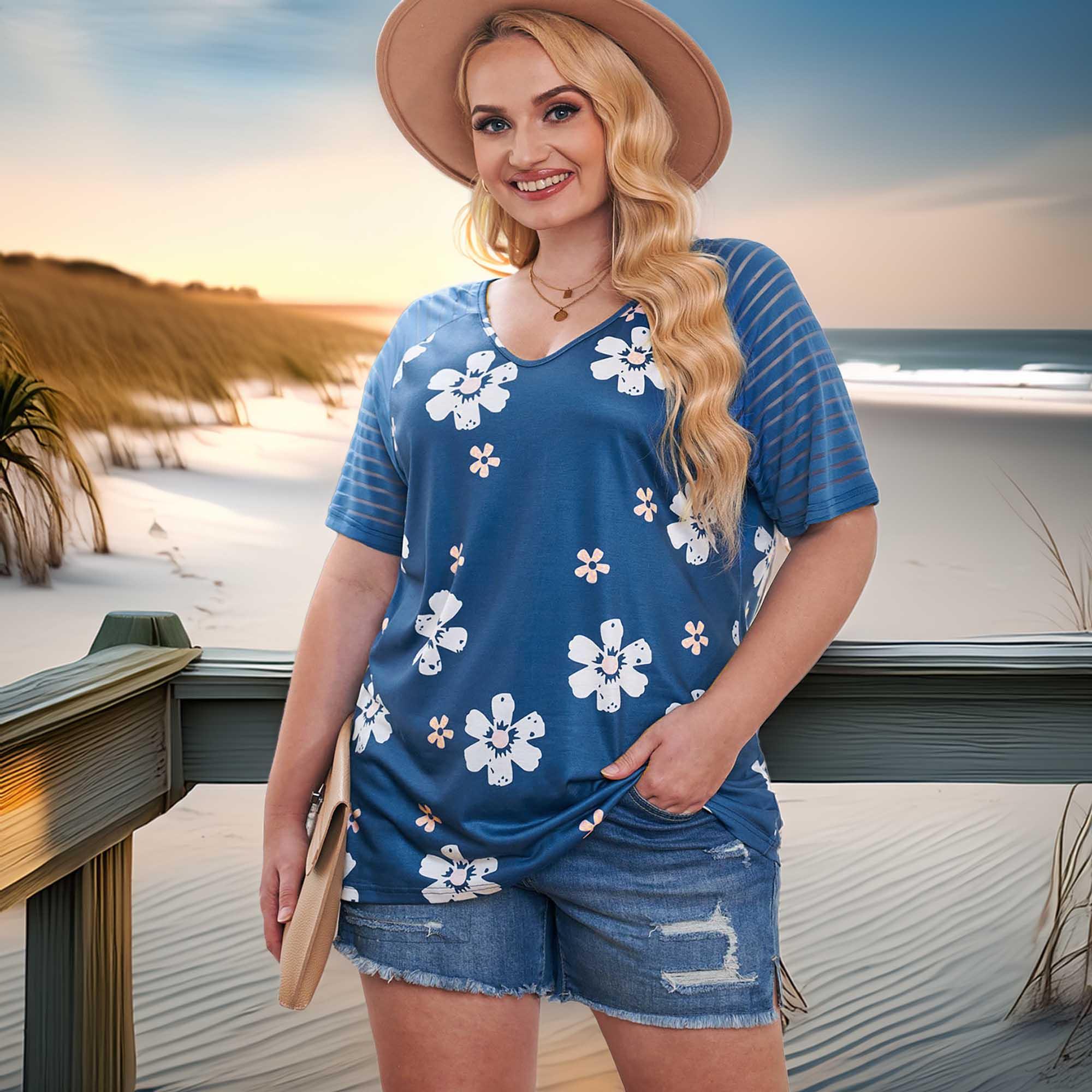 Plus Size V-Neck Raglan Sleeve Floral Tee - Southern Shores Clothing