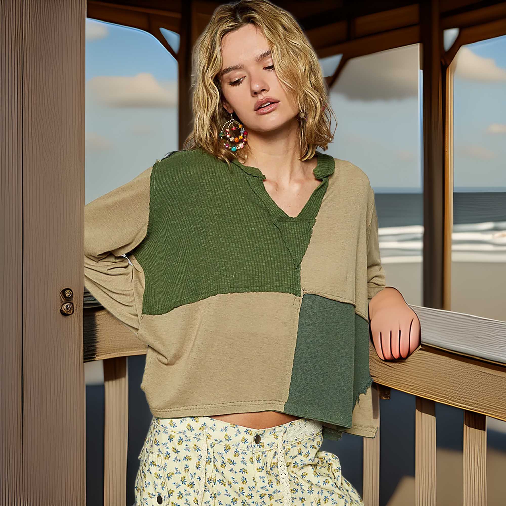 POL Color Block Notched Long Sleeve Oversized Women's T-Shirt