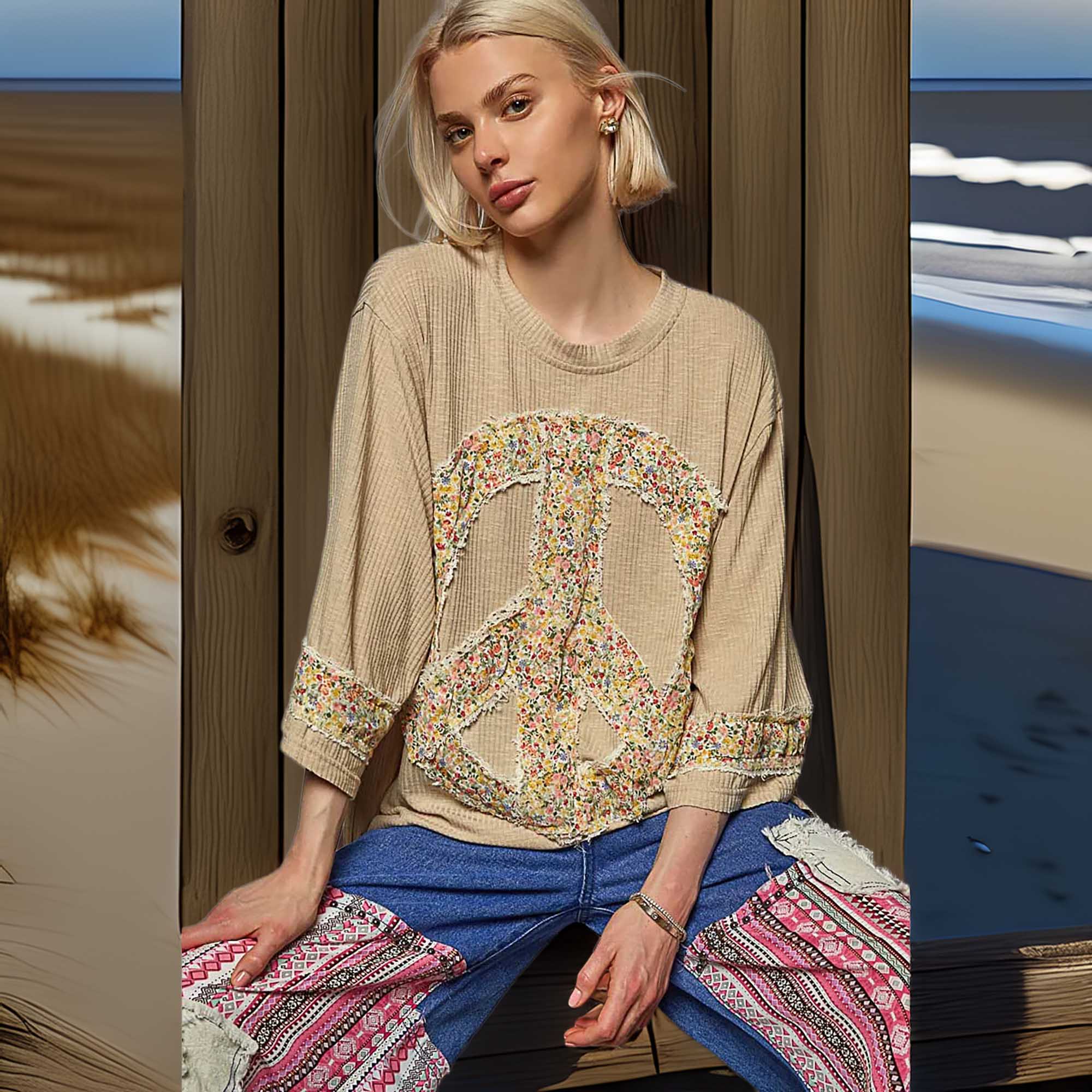 POL Floral Peace Patch Drop Shoulder Oversized Beige T-Shirt