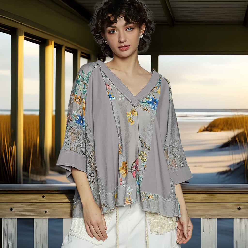 Women's POL Floral V-Neck Raw Edge Lace Detail T-Shirt