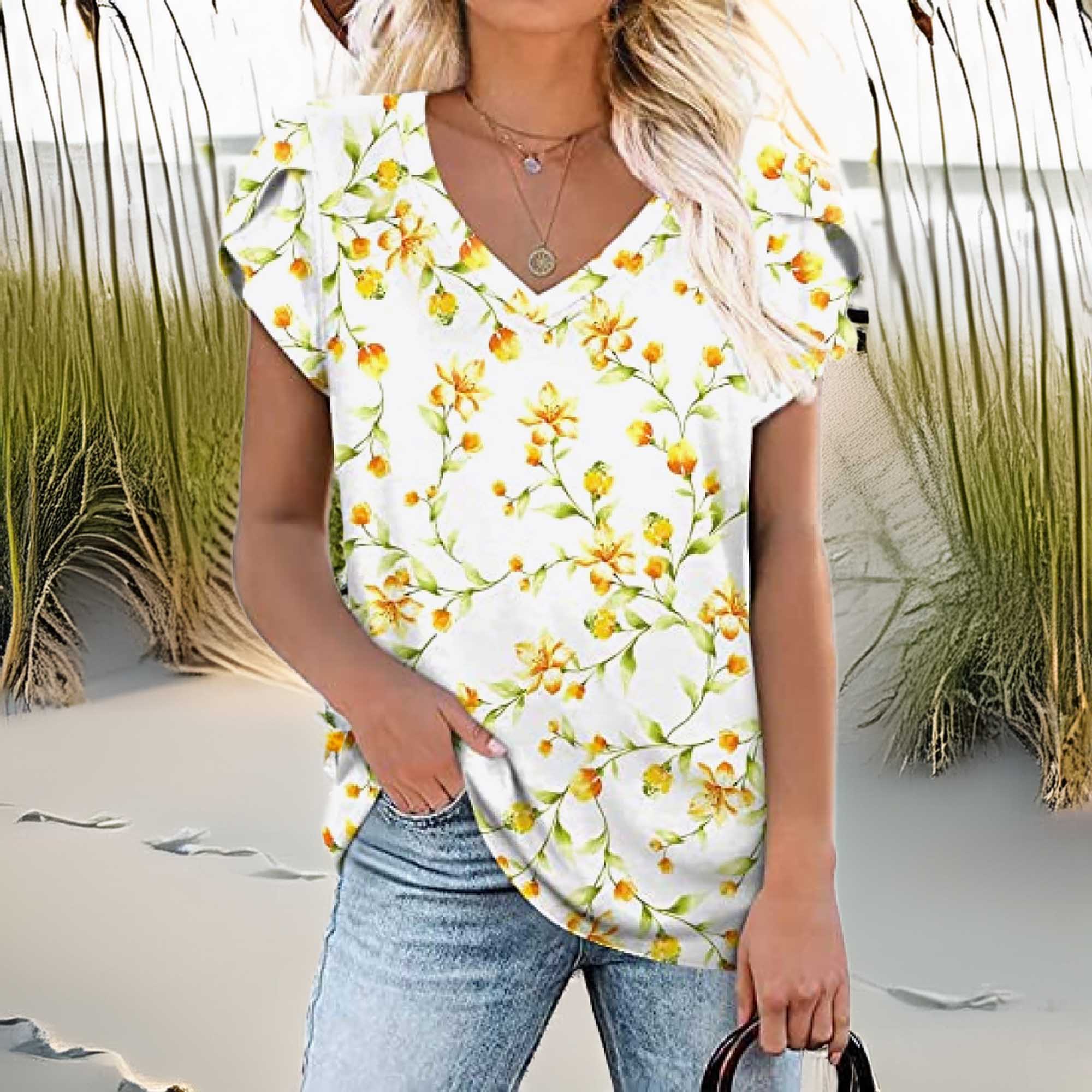 Women's Casual Floral Printed V-Neck Blouse with Petal Sleeves