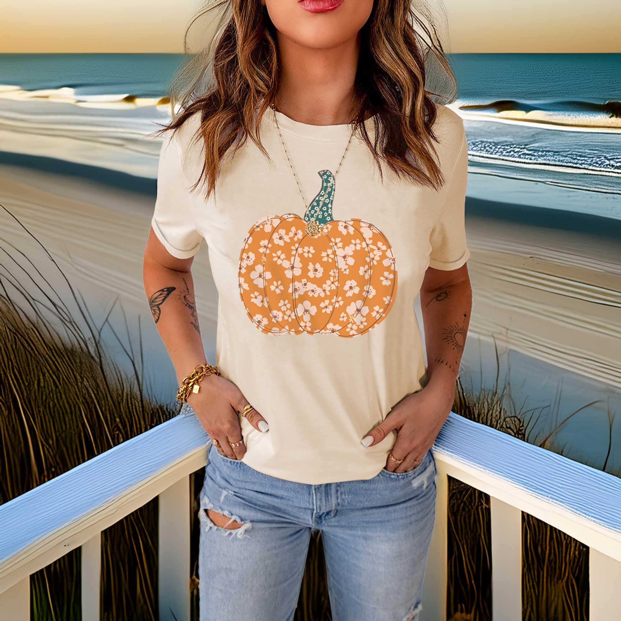 Pumpkin Graphic Round Neck Short Sleeve T Shirt - Southern Shores Clothing