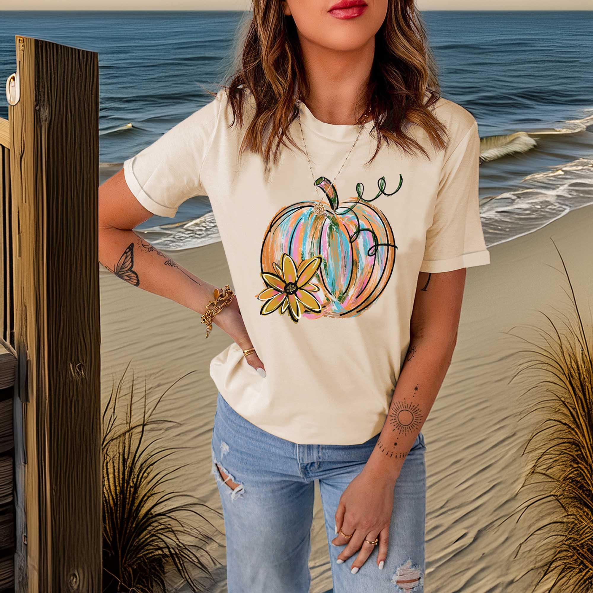 Pumpkin Graphic Round Neck Tee For Casual Fall Wear - Southern Shores Clothing
