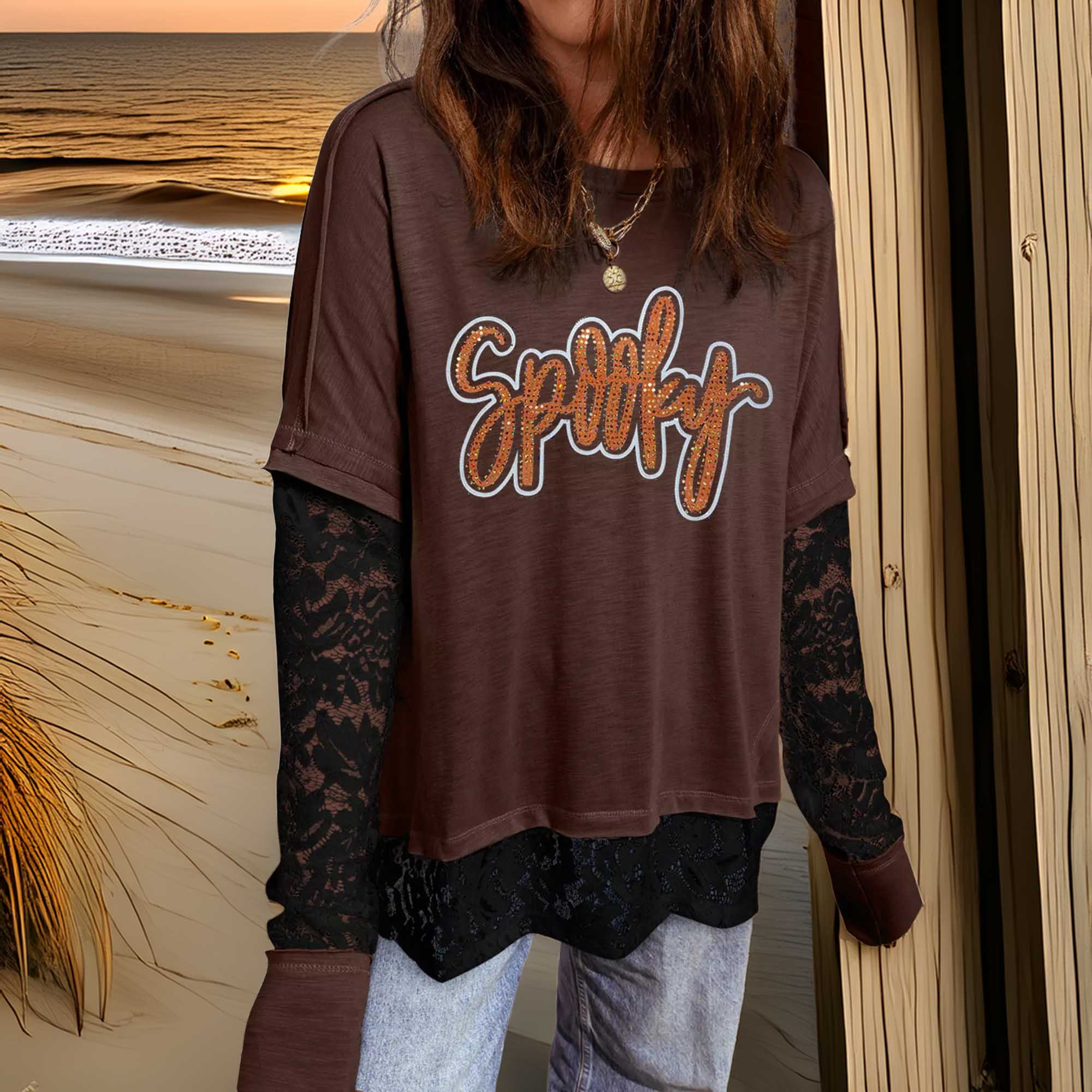 SYNZ Women's Rhinestone Spooky Graphic Lace Patchwork Long Sleeve T-Shirt