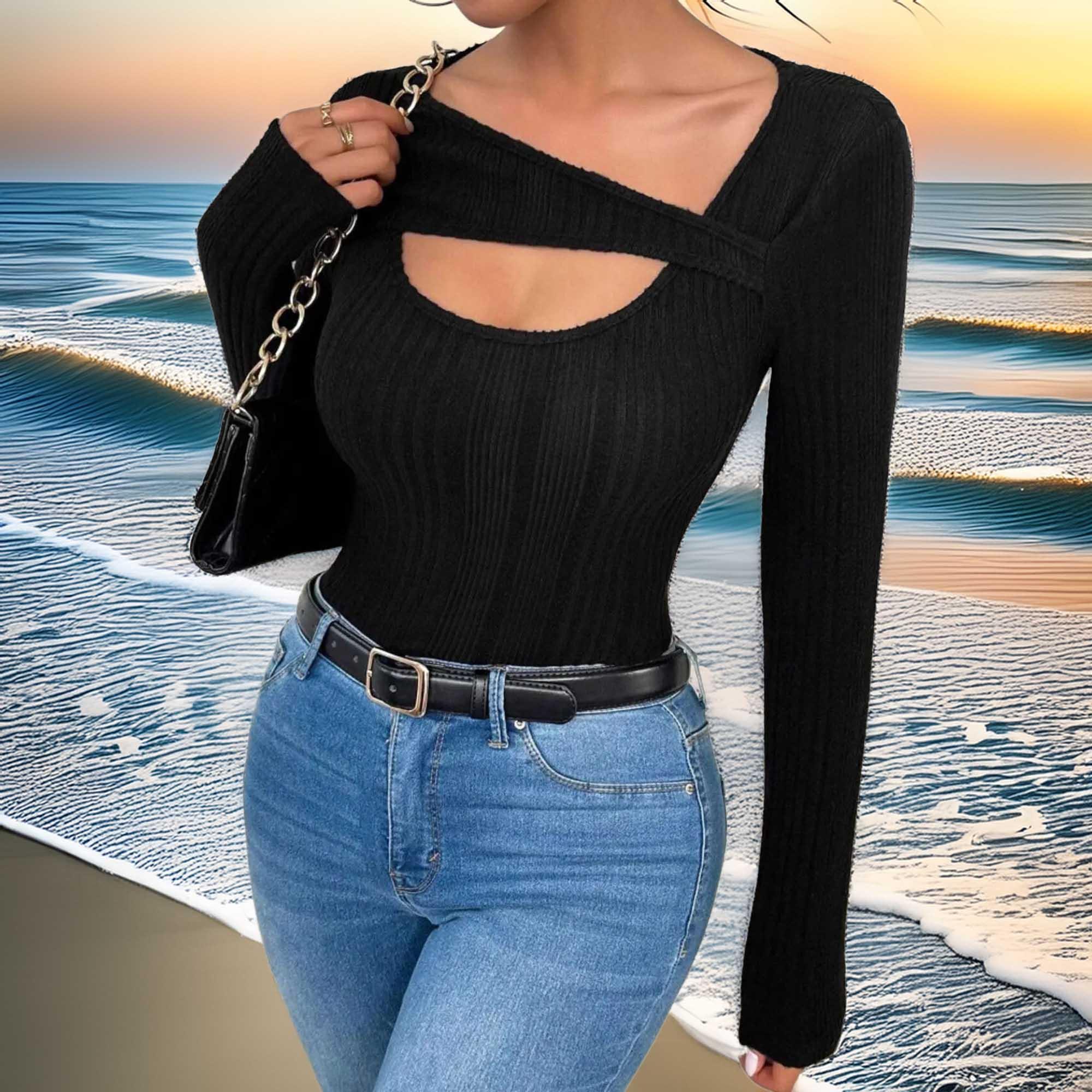 Stretch Ribbed Cutout Asymmetrical Long Sleeve Top - Southern Shores Clothing