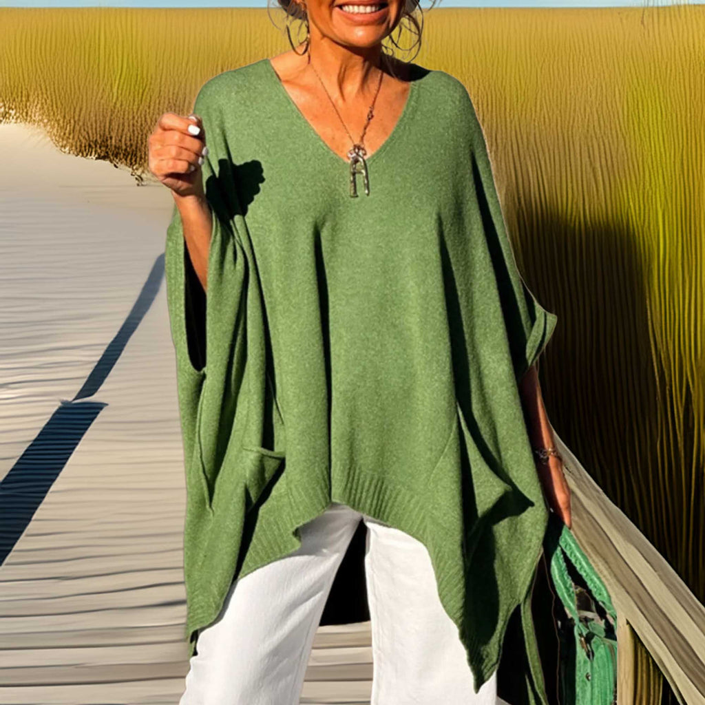 Southern Shores Draped Batwing Ribbed Hem V-Neck Sweater