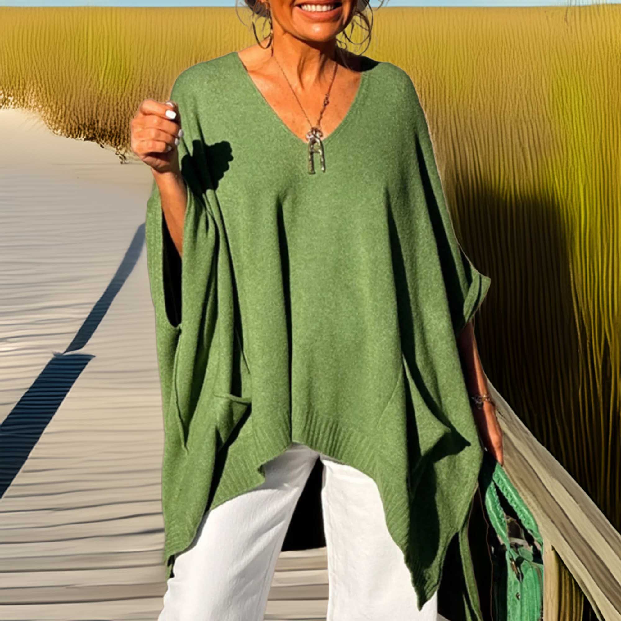 Southern Shores Draped Batwing Ribbed Hem V-Neck Sweater