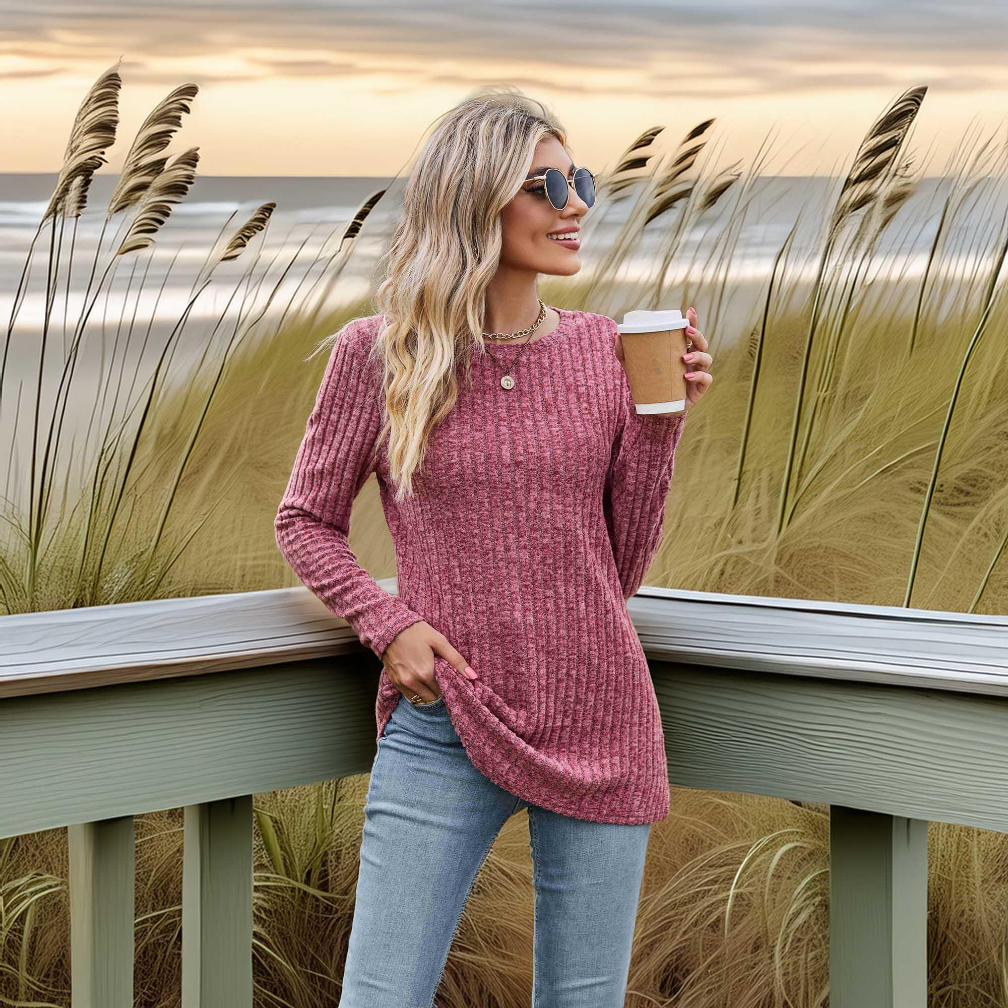 Ribbed Round Neck Long Sleeve Tee For Everyday Wear - Southern Shores Clothing