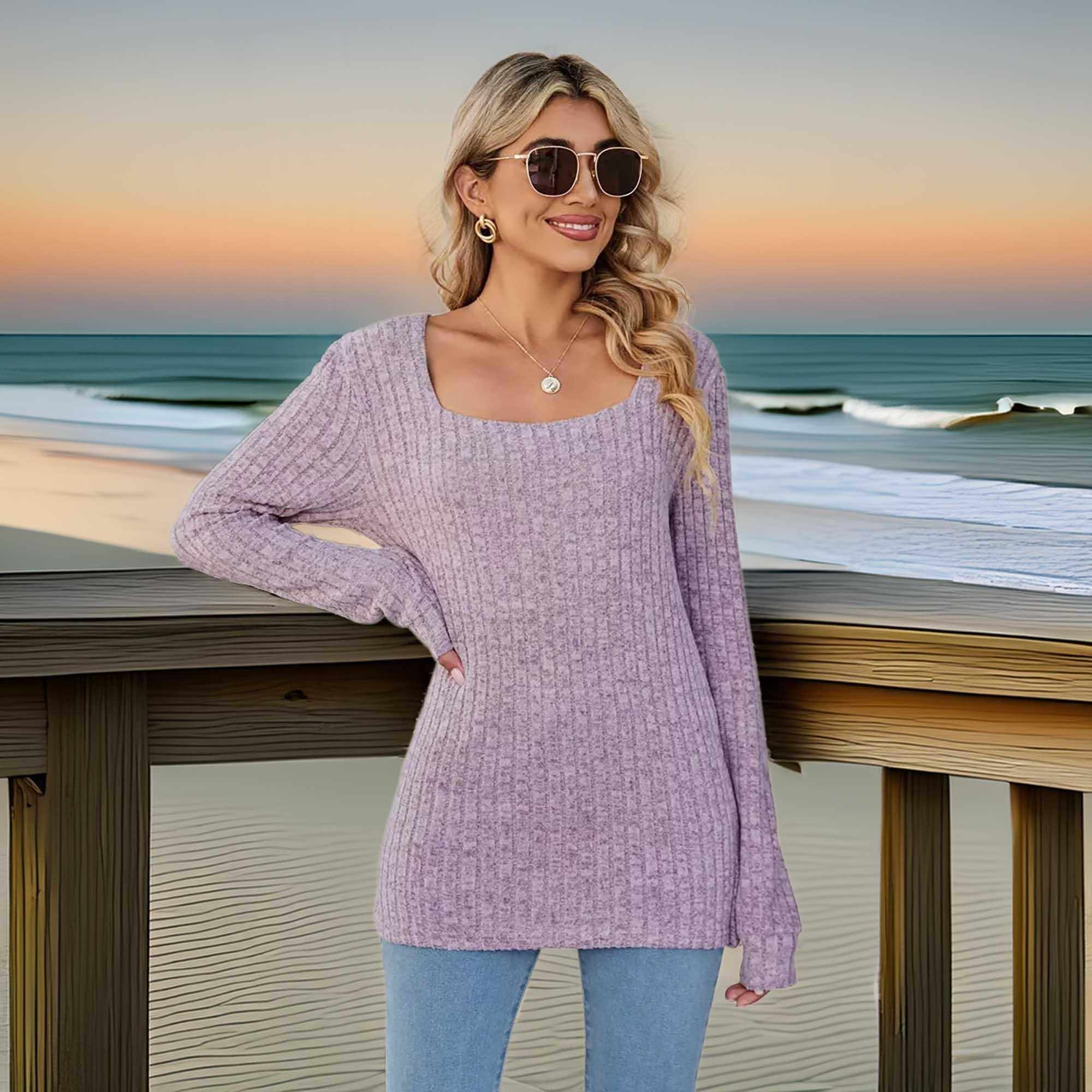Ribbed Square Neck Long Sleeve Stretch T Shirt - Southern Shores Clothing