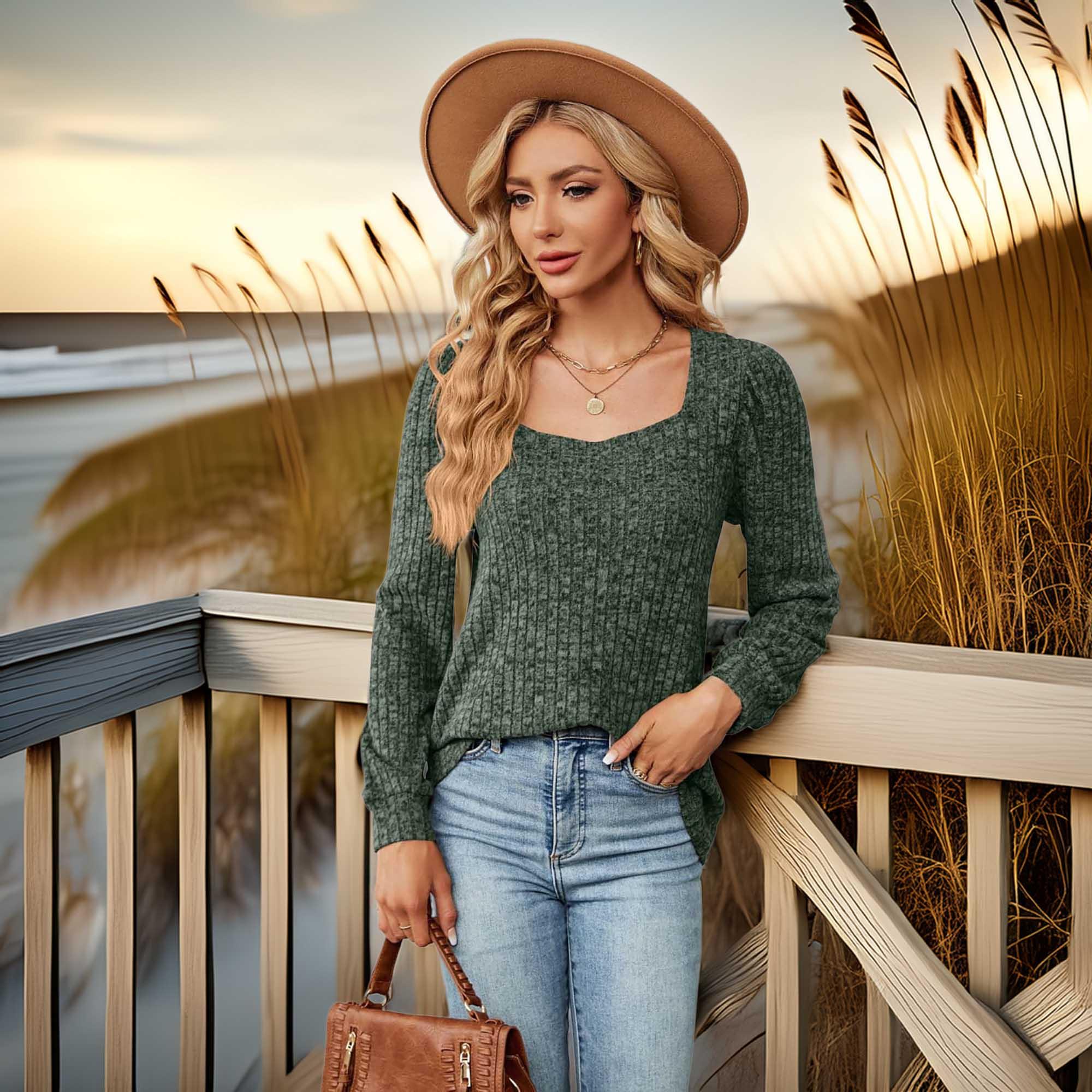 Ribbed Square Neck Long Sleeve T Shirt Rayon Blend Top - Southern Shores Clothing